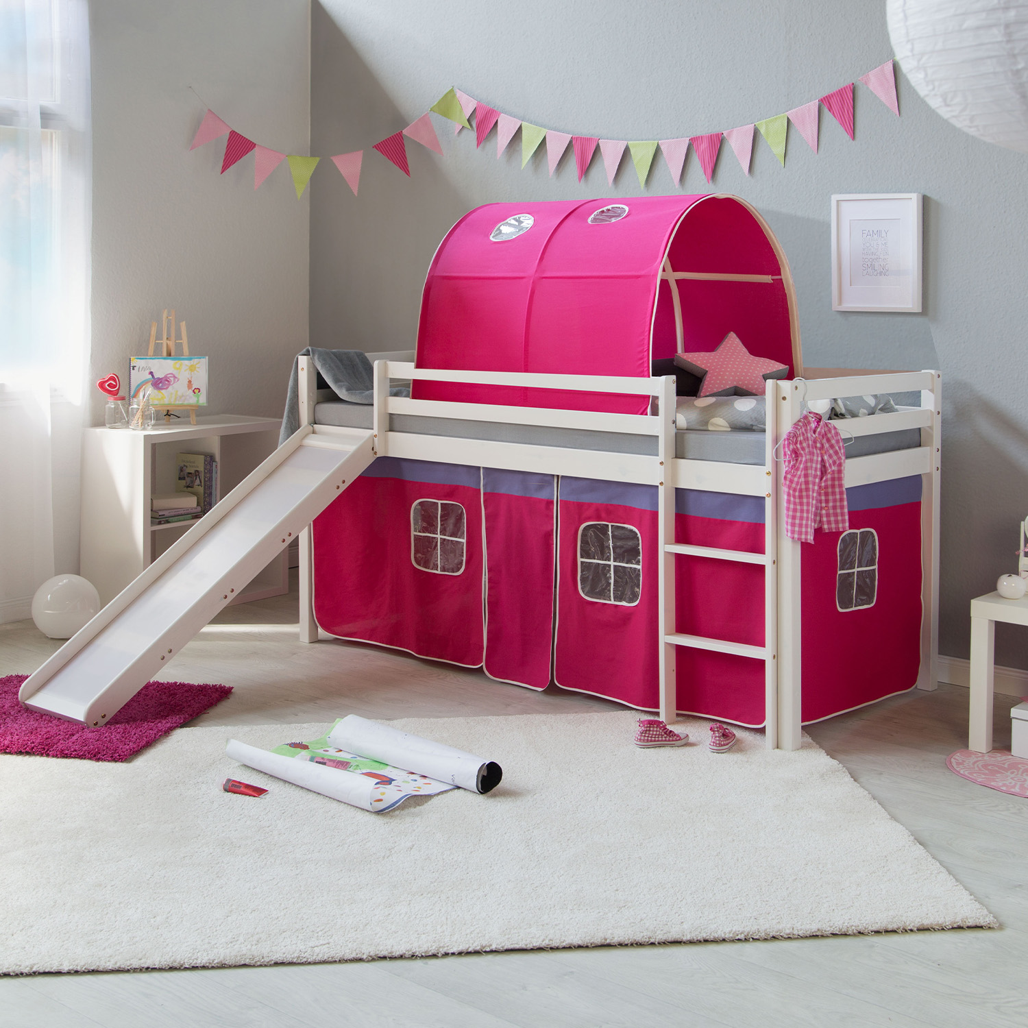 Loft Bed Kids 90x200 cm White with Curtain in Pink | Tunnel | Slide | with Slatted Frame Loftbed with Mattress 90x200 cm Slide Bunk bed Childrens bed Solid Pine Wood Curtain Tunnel Pink Slatts