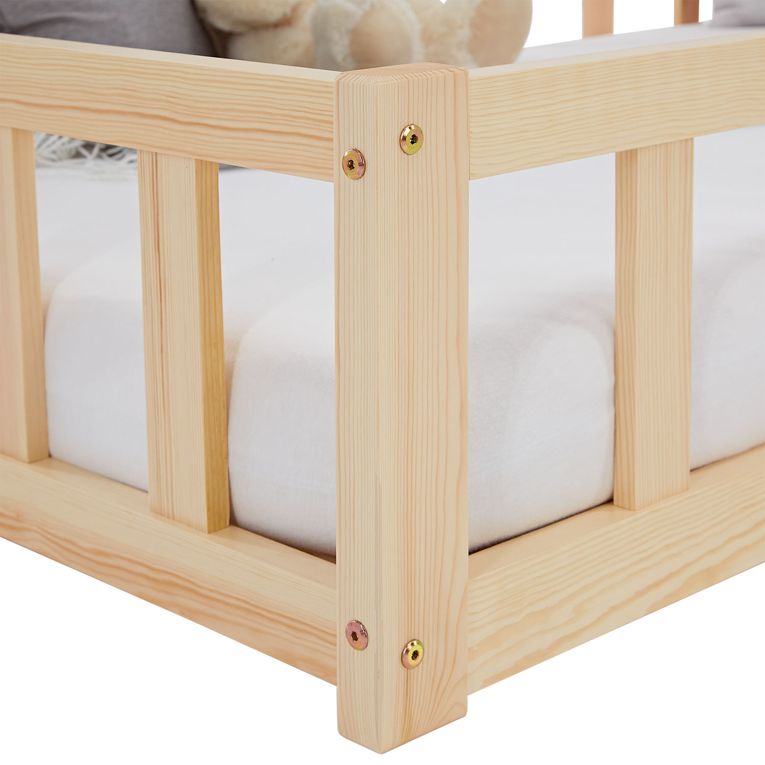 Children's Bed 90x200 Natural | Floor Bed with Slatted Frame | with Fall Protection | Montessori