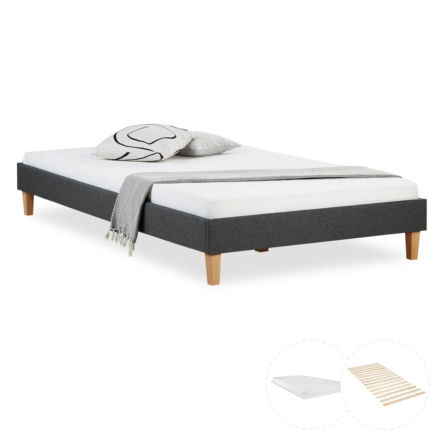 Lit rembourré avec matelas 120x200 Sommier à lattes Lit double en tissu Cadre de lit Lit Gris