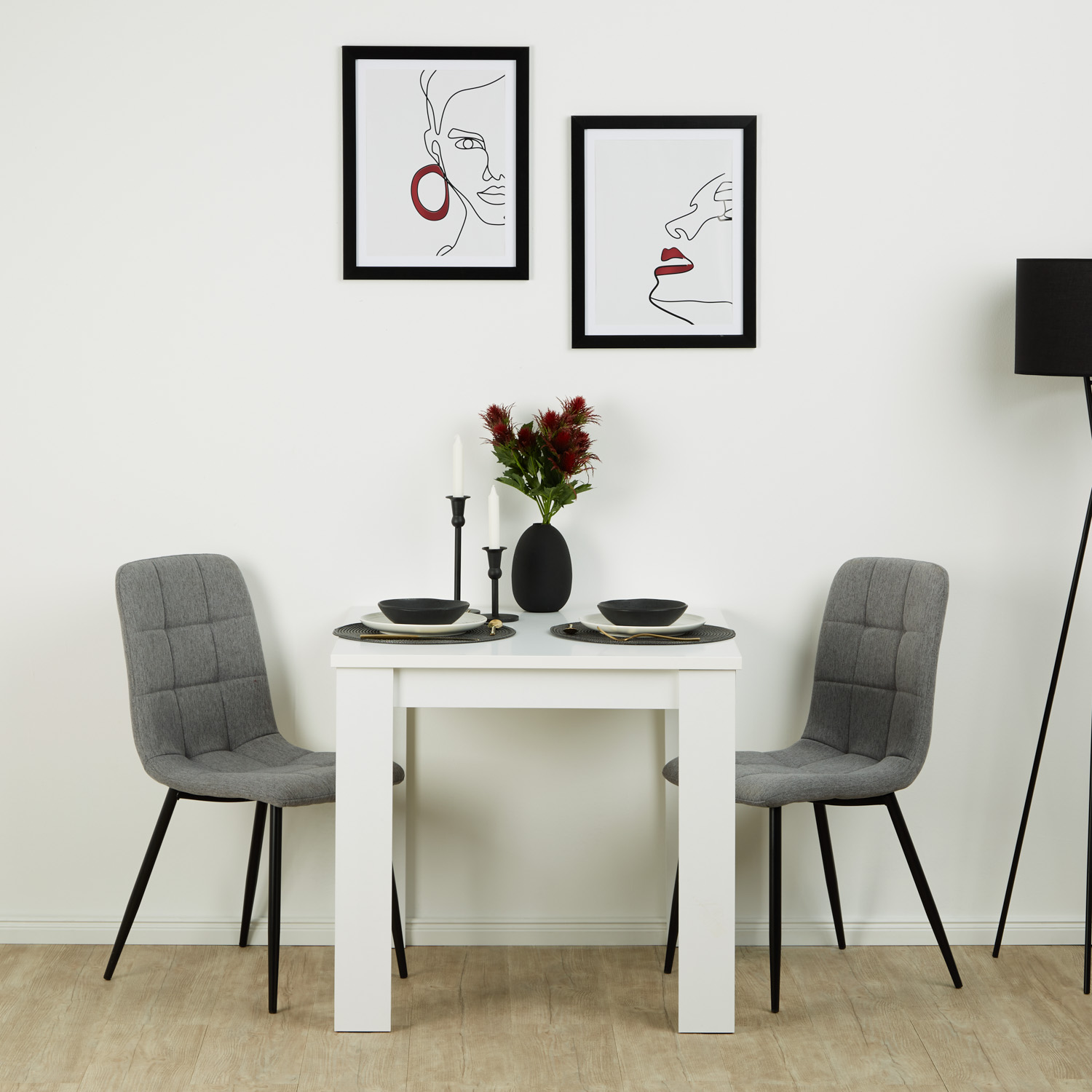 Modern Dining Table White 80x80 cm with 2 Grey Linen Chairs Dining Room Table Wooden Table