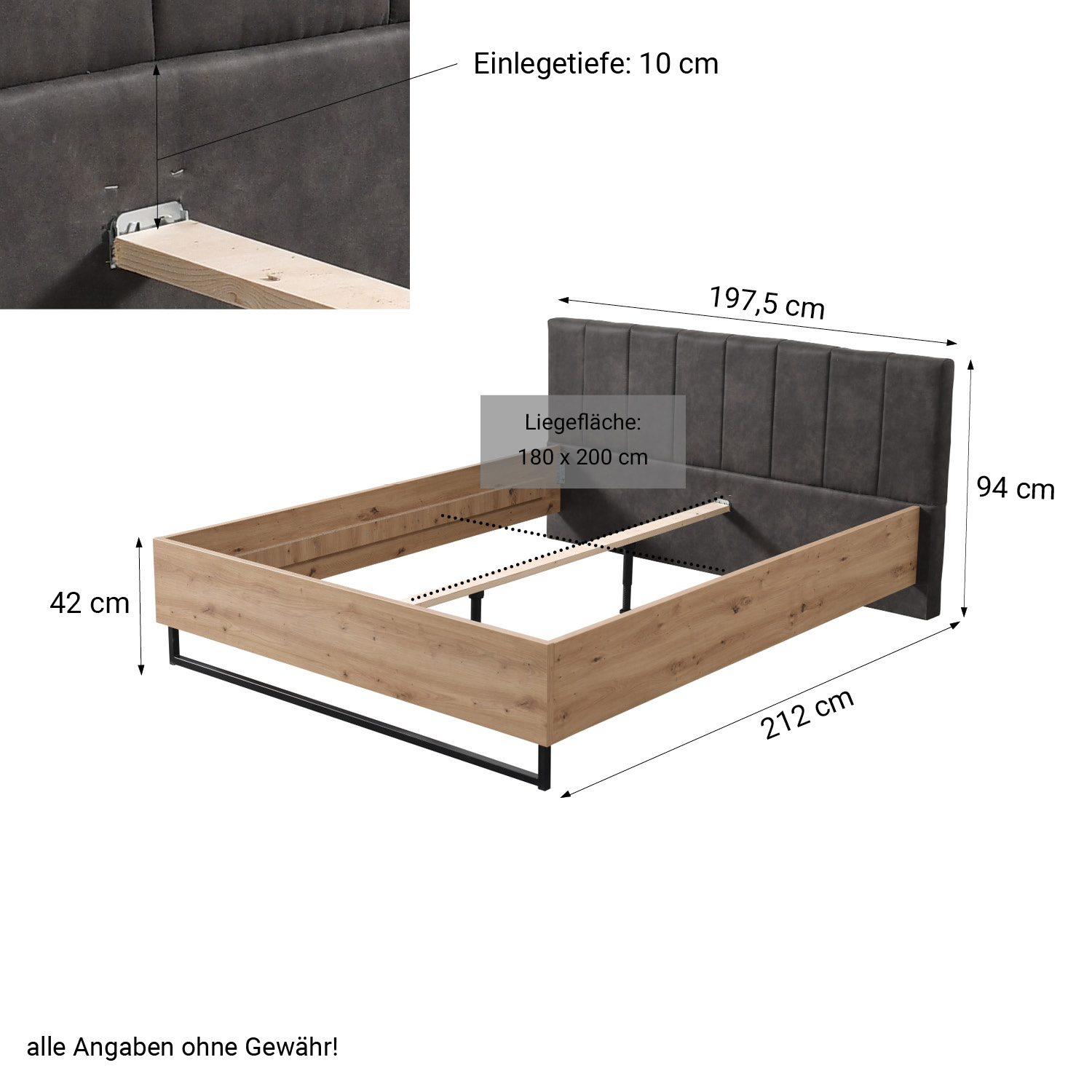 Wooden bed with upholstered headboard 180x200 cm oak und grey | with slatted frame | double fabric bed | industrial style