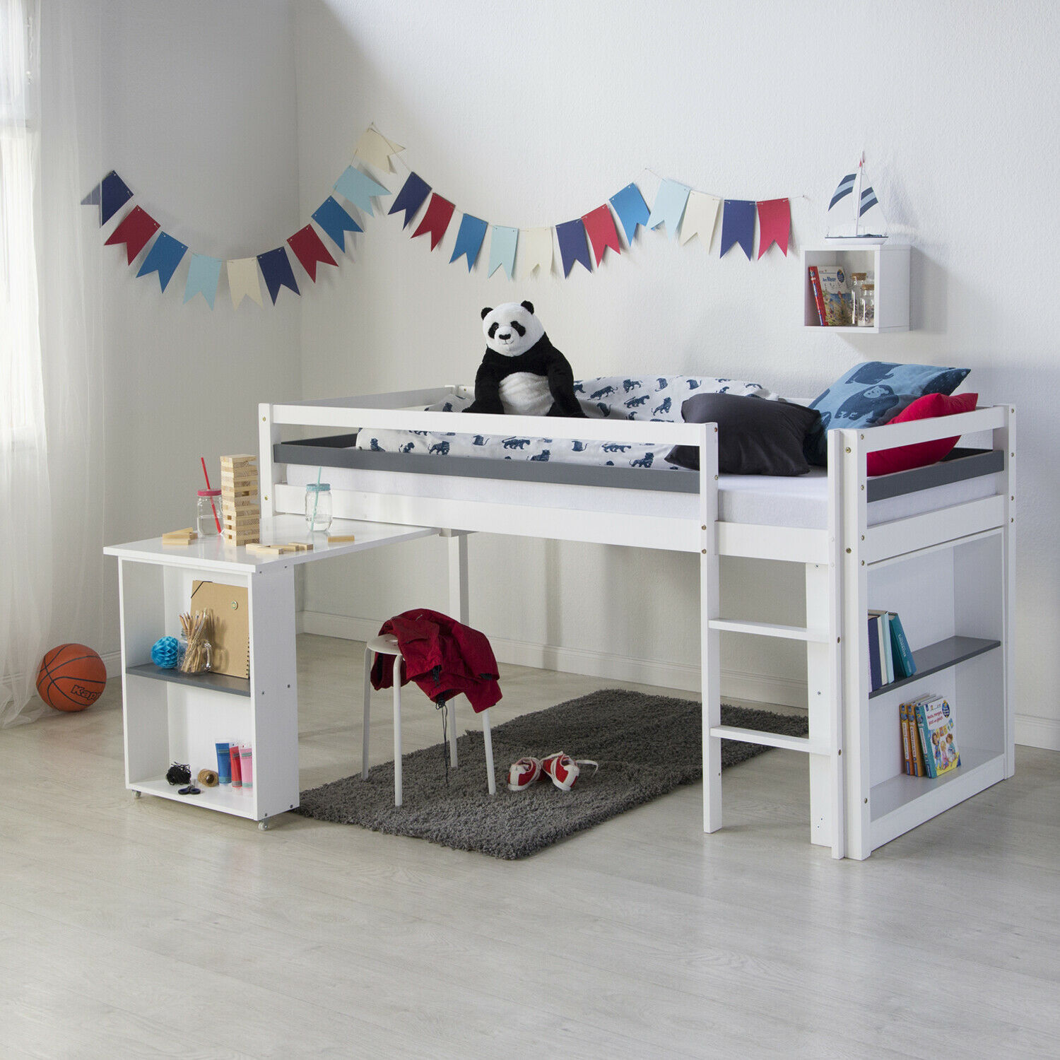 Children´s Bed Bunk Bed 90x200 White Wood Kids Bed High Sleeper Cot Desk