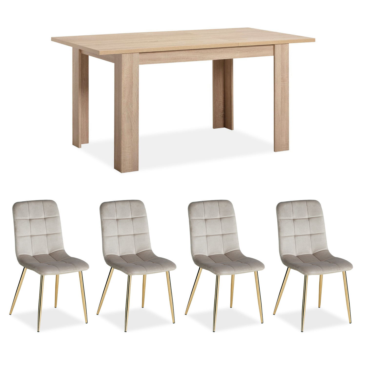 Modern Dining Table Sonoma Oak 120x80 cm with 4 Creme Velvet Chairs Dining Room Table Natural Wooden Table