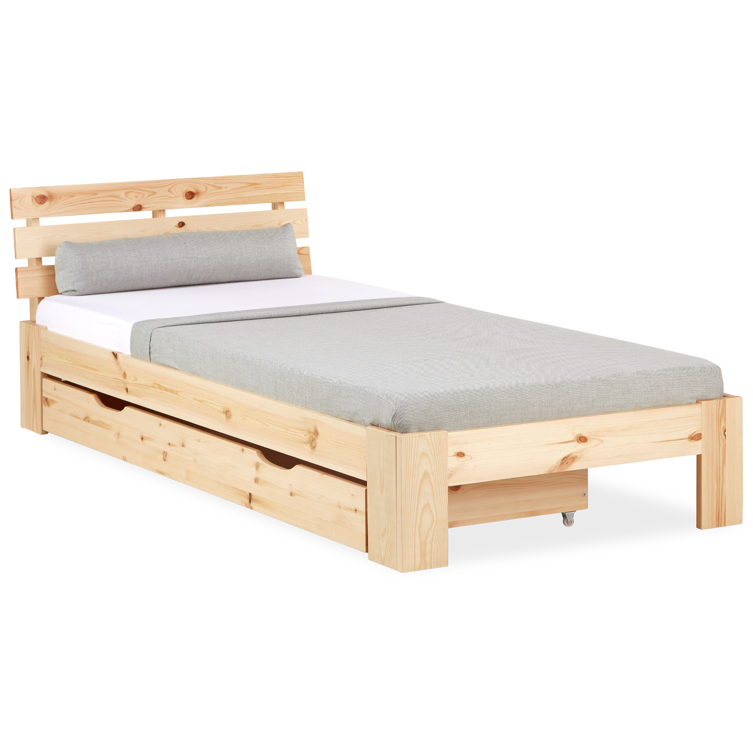 Wood Bed 90x200 cm Natural | Single Bed with Storage Drawer | with Slatted Frame | Solid | Kids Youth Guest Bedroom