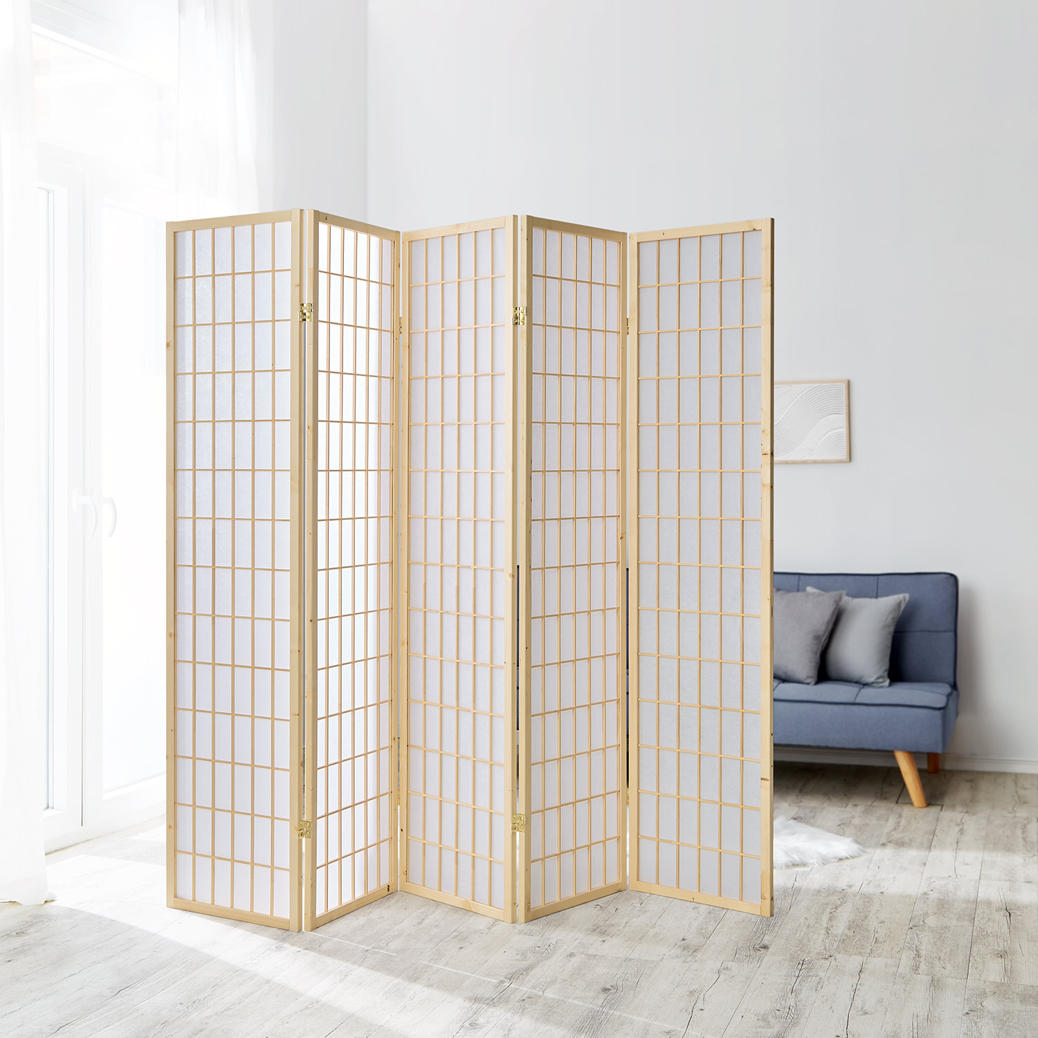 Paravent Natural Shoji Rice Paper White | 5-panel | Wood | Room Divider Partition Privacy Screen