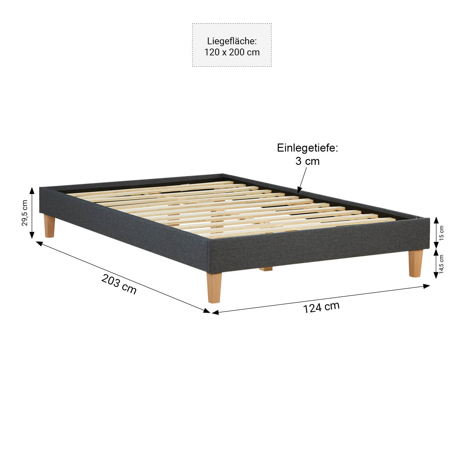 Upholstered bed 120x200 cm grey | futon bed | with slatted frame | double fabric bed frame