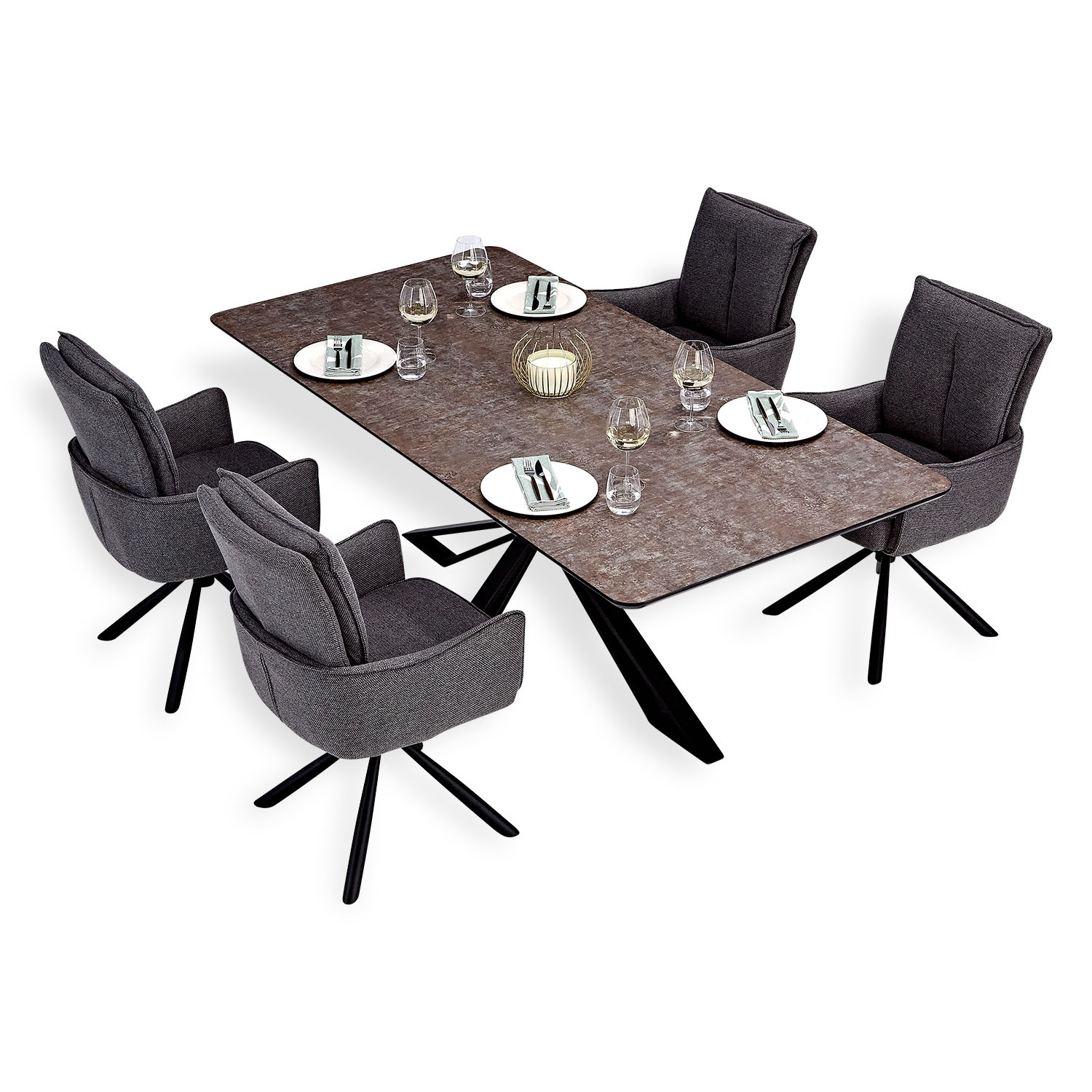 Modern Dining Table 200x100 cm Brown Black with 4 Dark Grey Fabric Chairs Dining Room Table 8 Seater Industrial Look