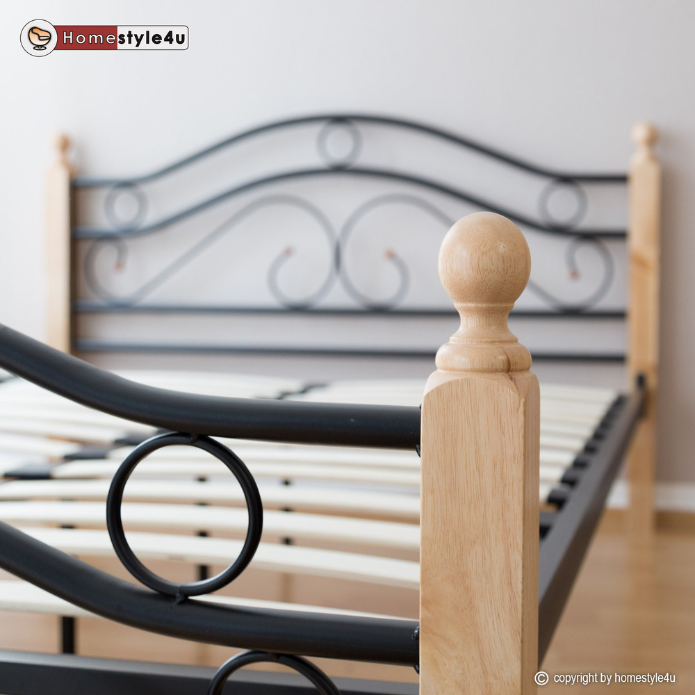 Metal Bed Iron Bed Double 180 x 200 Wood Slatted black natural bed frame 803