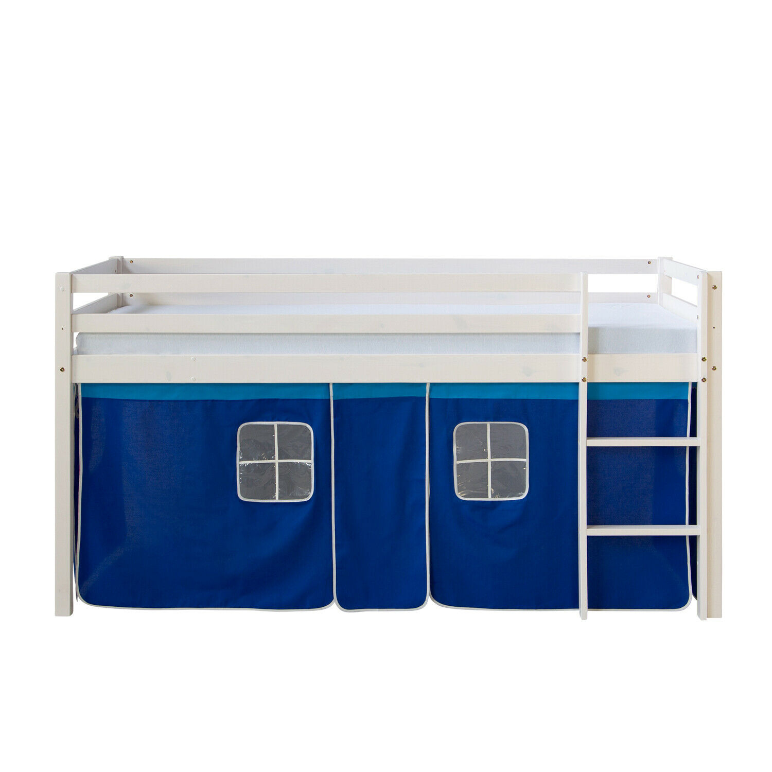 Loft Bed Kids 90x200 cm White with Curtain Blue | without Slatted Frame Loft Bed Kids 90x200 cm White with Curtain Blue | without Slatted Frame