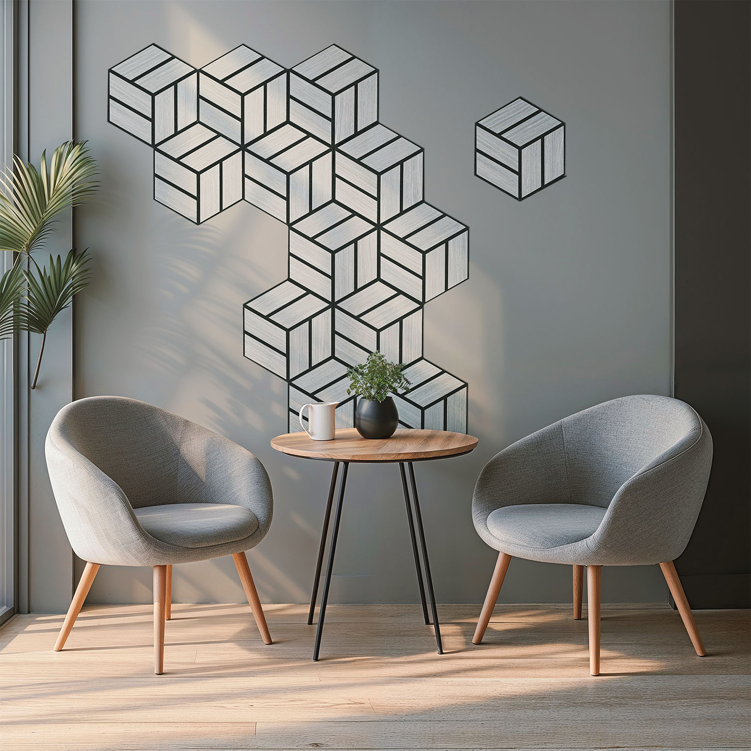 Acoustic Panels Wall Panels Hexagon Honeycomb 30 x 26 cm Grey | Wood | 4-piece Set | 3D Akustikpaneele Holz 30 x 26 cm Braun Grau Natur Paneele Hexagon Wandpaneele 3D Wandpaneel Wandverkleidung Dekorpaneel