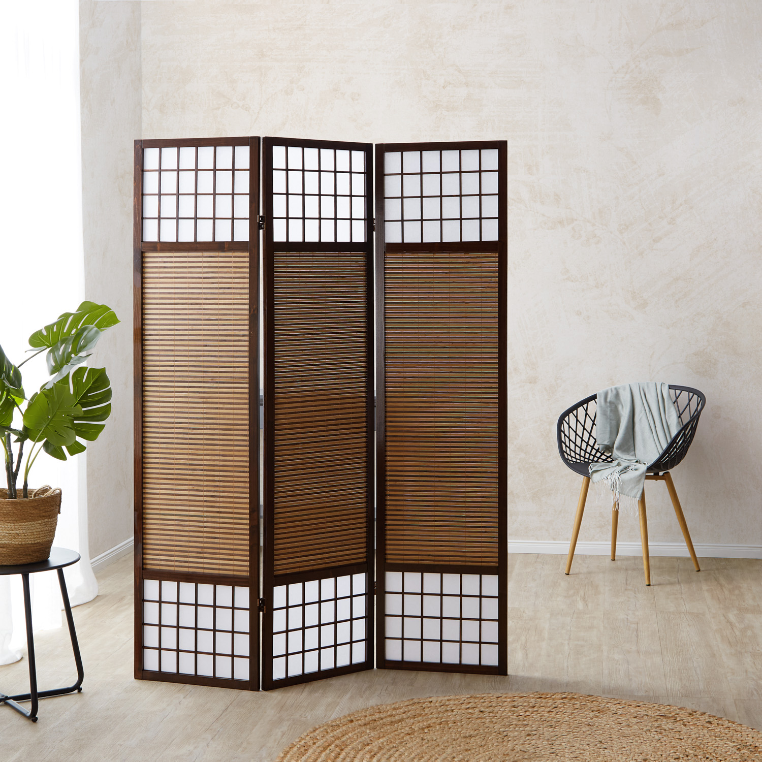 Paravent Brown Bamboo Shoji Rice Paper White | 3-panel | Wood | Room Divider Partition Privacy Screen