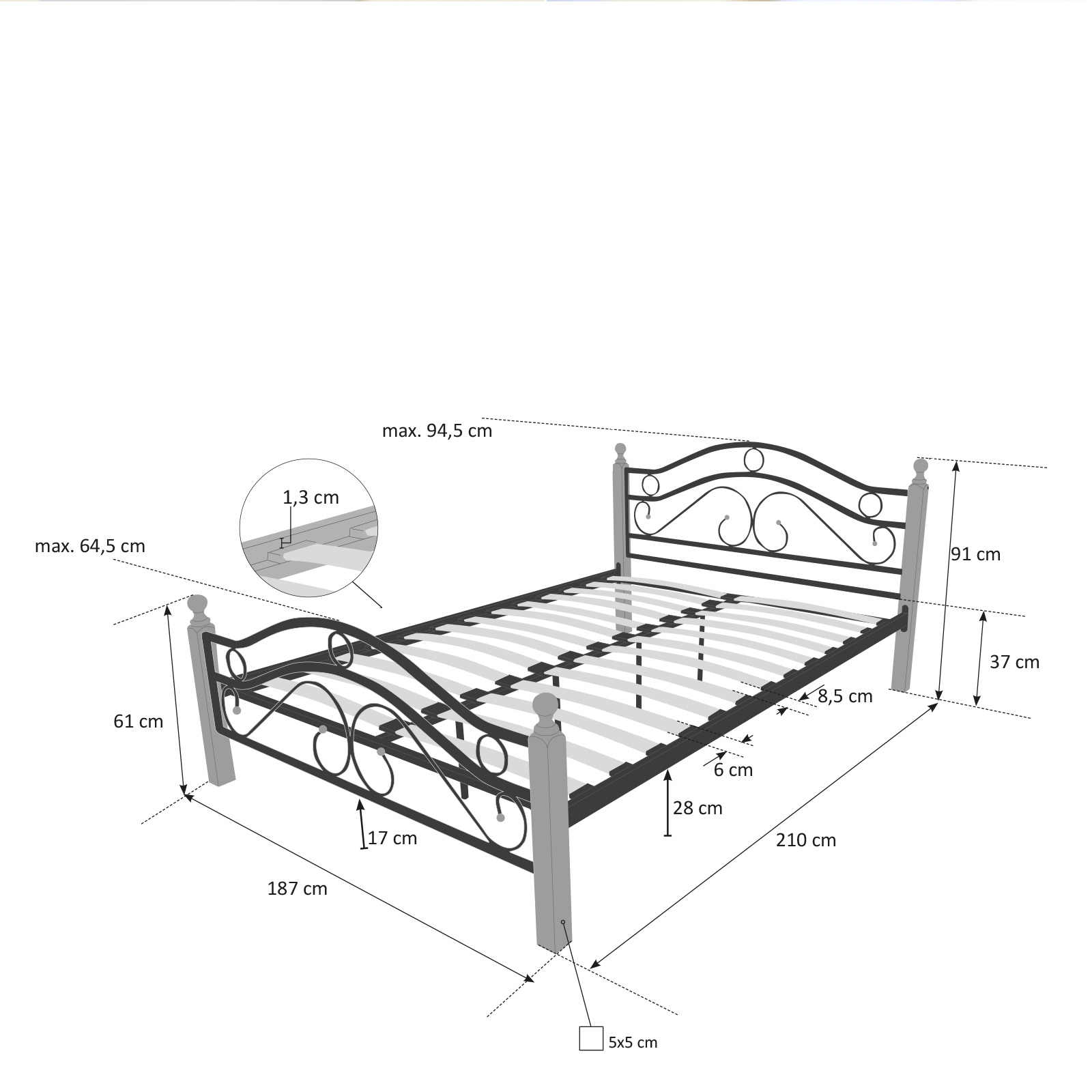 Metal Bed Iron Bed Double 180 x 200 Wood Slatted black natural bed frame 803