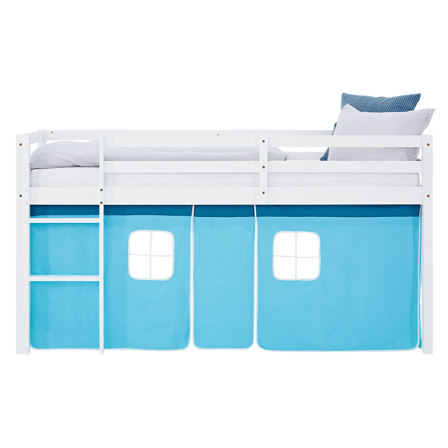 Loft Bed for Kids 90x200 cm White with Curtain in Blue | without Slatted Frame