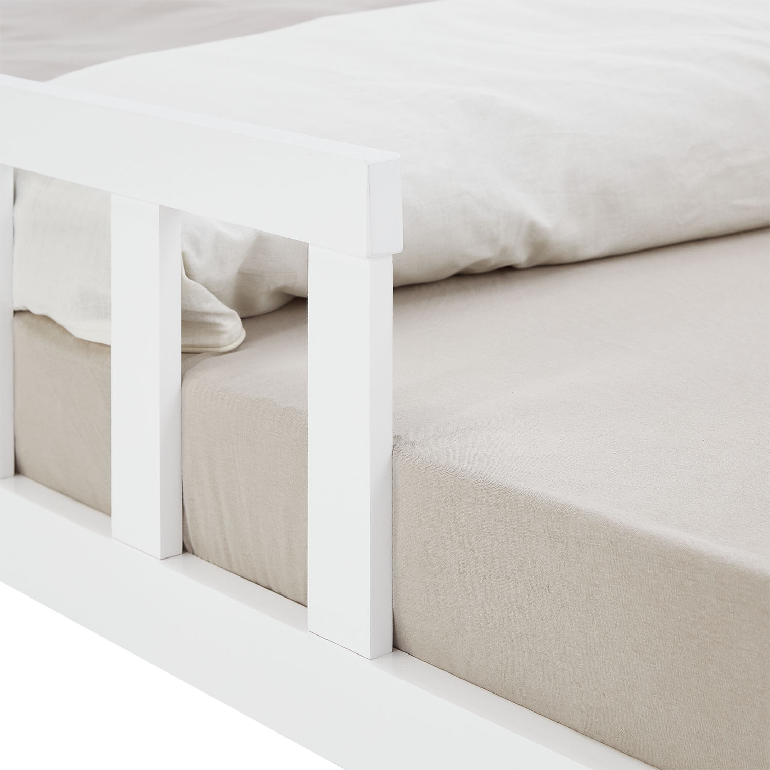 Children's Bed 120x200 White | Floor Bed with Mattress & Slatted Frame | with Fall Protection | Montessori