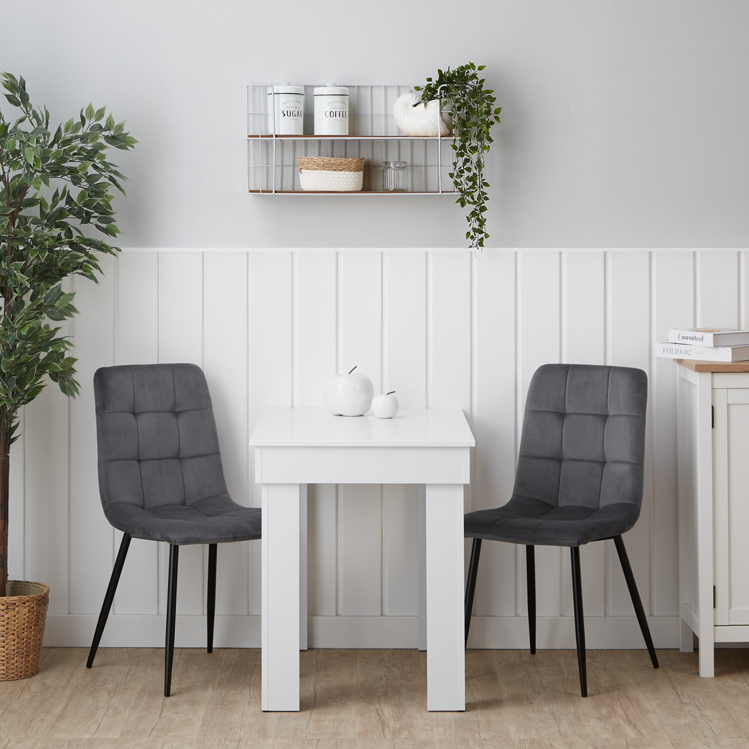 Modern Dining Table White 90x60 cm with 2 Grey Velvet Chairs Dining Room Table Wooden Table