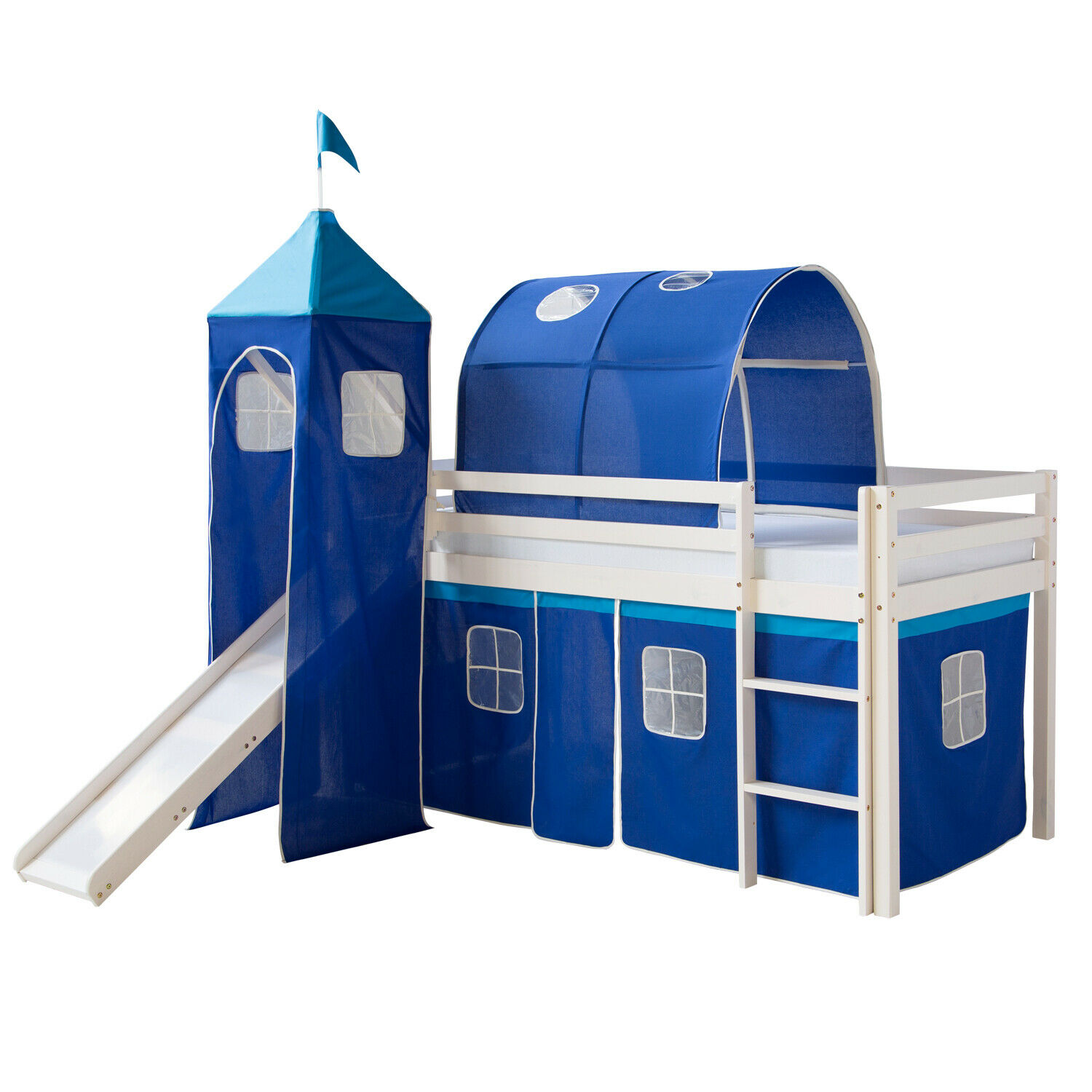 Loft Bed Kids 90x200 cm White with Curtain Blue | Tunnel | Tower | Slide | without Slatted Frame Loft Bed Kids 90x200 cm White with Curtain Blue | Tunnel | Tower | Slide | without Slatted Frame