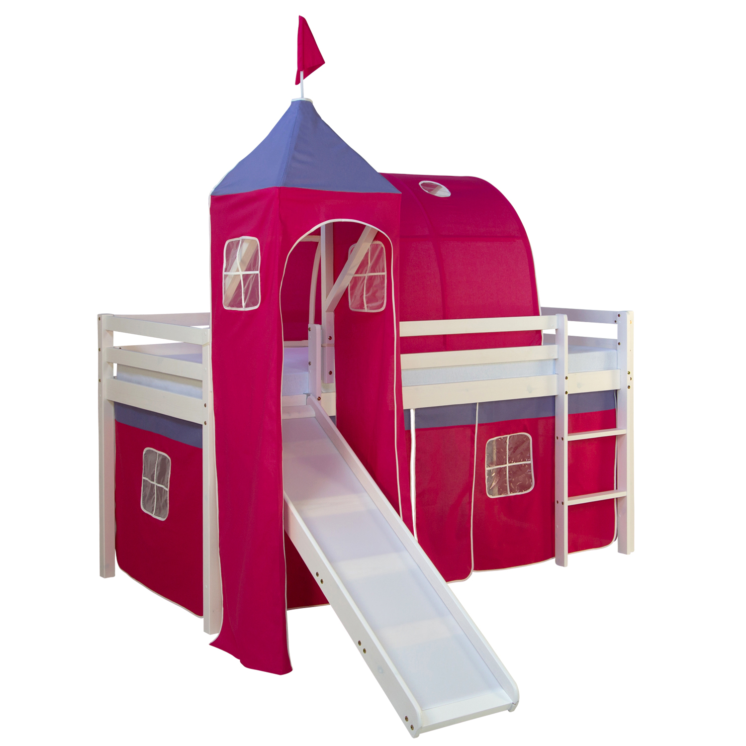 Loft Bed Kids 90x200 cm White with Curtain in Pink | Tunnel | Tower | Slide | with Slatted Frame Loftbed 90x200 cm with Tower Tunnel Slide Mattress Bunk bed Childrens bed Solid Pine Wood Slats Curtain Pink