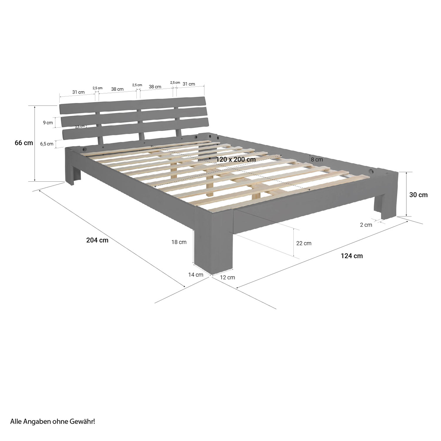 Wood Bed 120x200 cm Gray | Double Bed | with Slatted Frame | Solid | Kids Youth Guest Bedroom