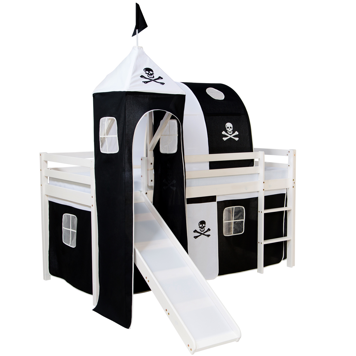 Loft Bed Kids 90x200 cm White with Curtain Black | Tunnel | Tower | Slide | without Slatted Frame Loftbed 90x200 cm with Tower Tunnel Slide Mattress Bunk bed Childrens bed Solid Pine Wood Slats Curtain Black Pirate
