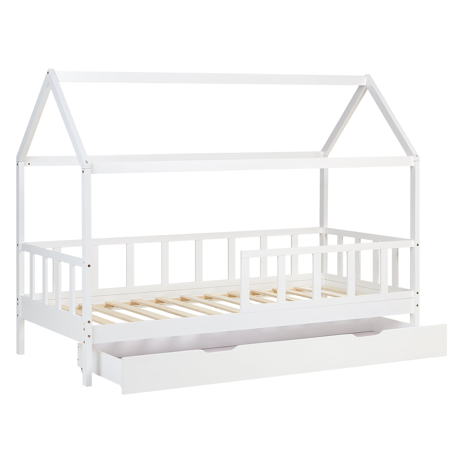 Lit Enfant 90x200 cm Blanc | Lit cabane avec barrière de protection et tiroir de lit | Montessori | Lit simple | avec sommier | Bois