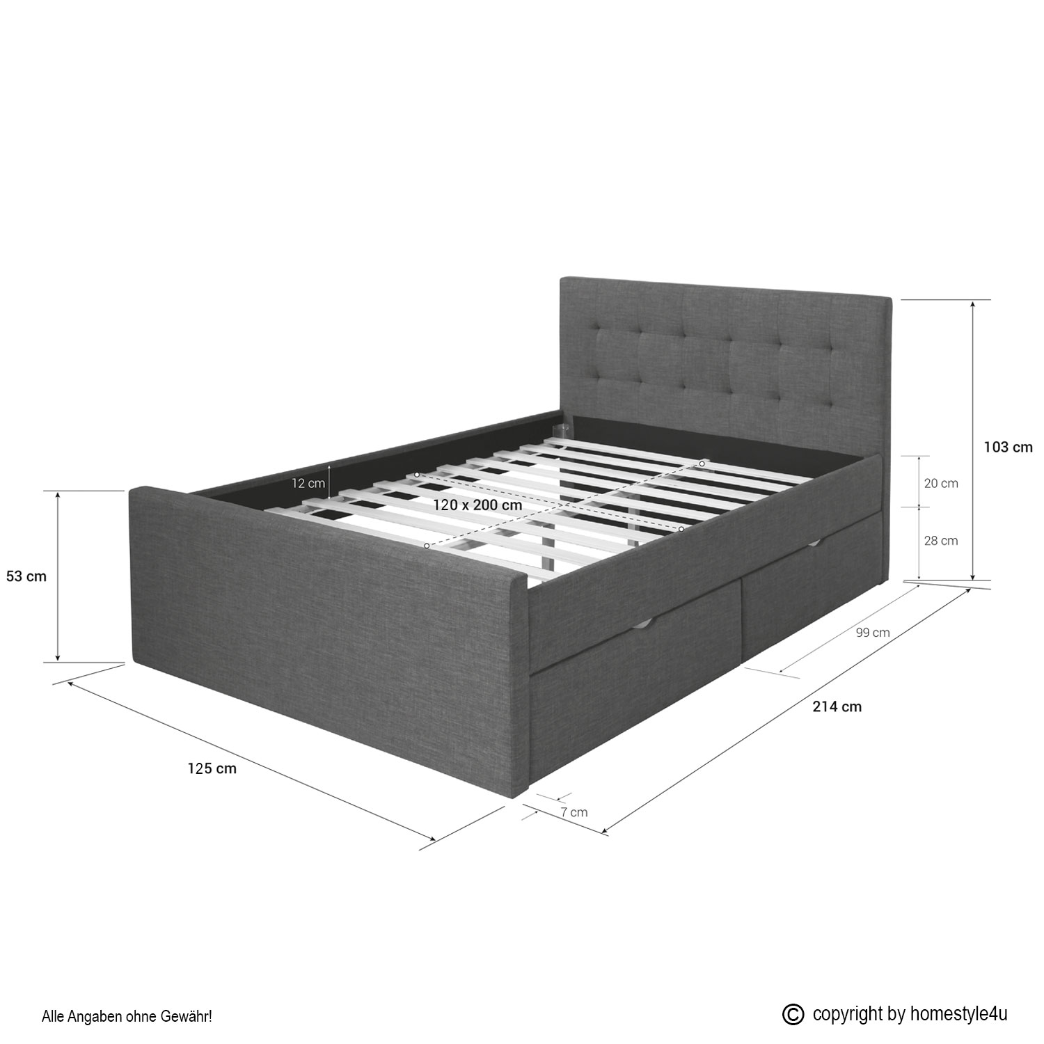Upholstered bed 120x200 cm grey anthracite | with slatted frame | with 2 bed drawers | double fabric bed frame