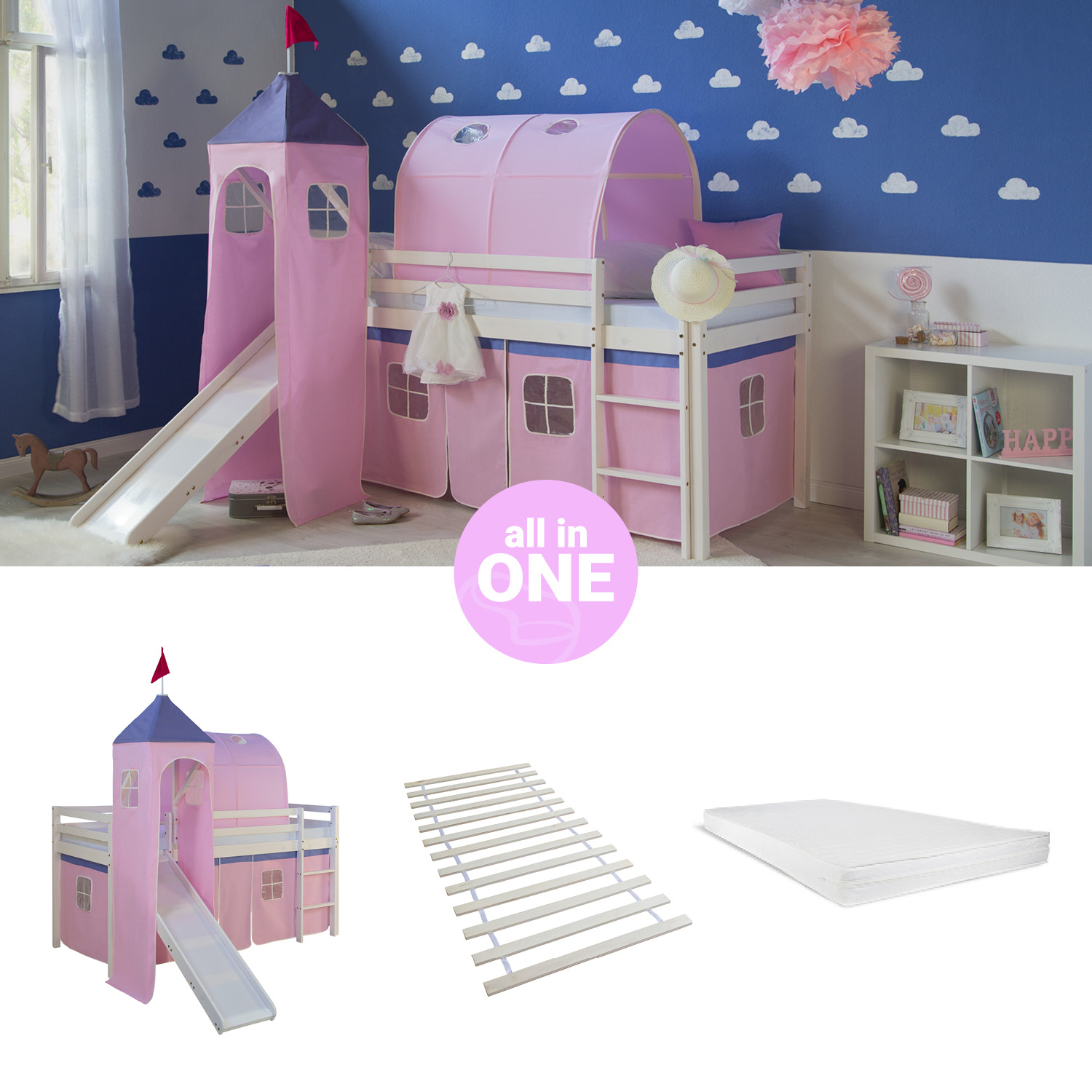 Loftbed 90x200 cm with Tower Tunnel Slide Mattress Bunk bed Childrens bed Solid Pine Wood Slats Curtain Pink