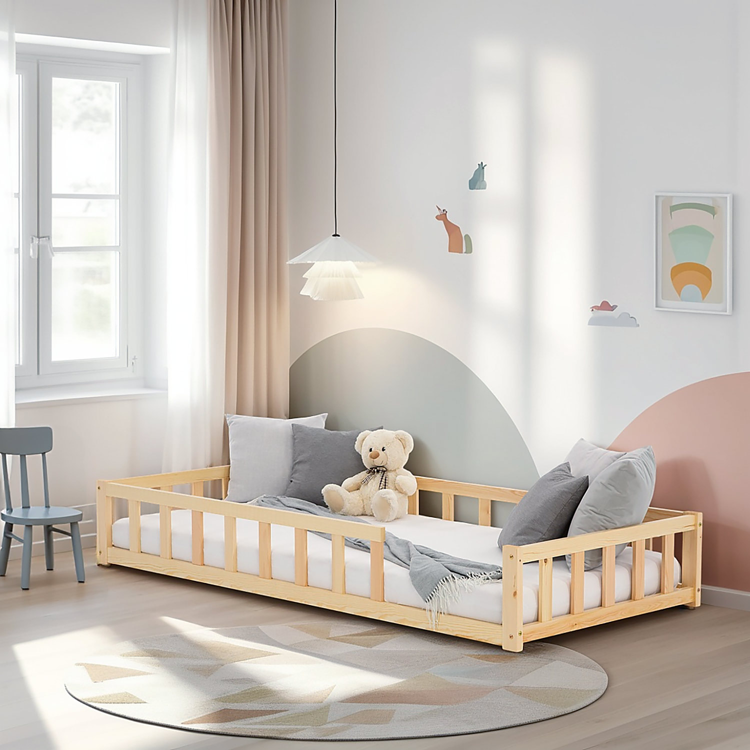 Children's Bed 90x200 Natural | Floor Bed with Slatted Frame | with Fall Protection | Montessori