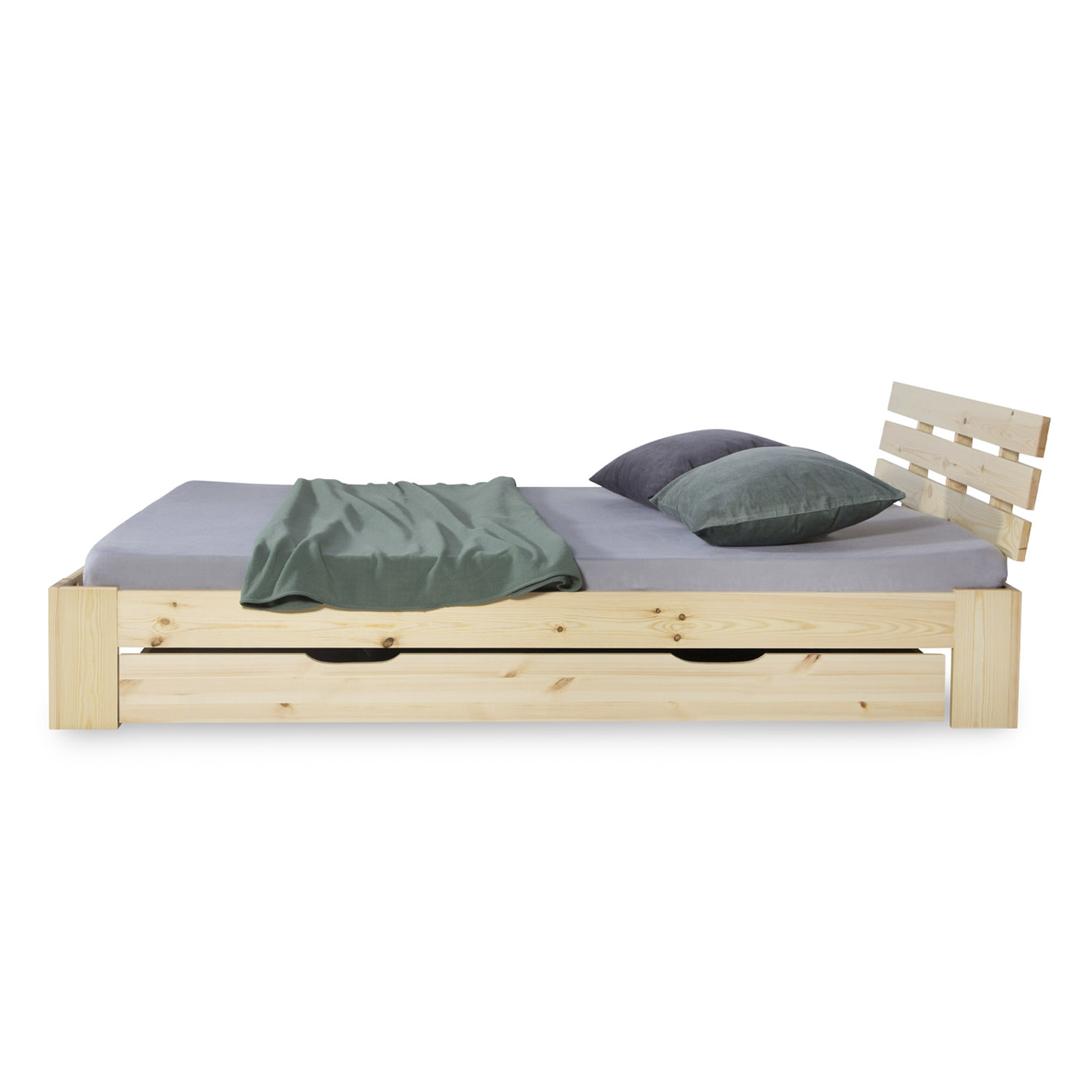 Wood Bed 140x200 cm Natural | Double Bed with Storage Drawer | with Slatted Frame | Solid | Kids Youth Guest Bedroom