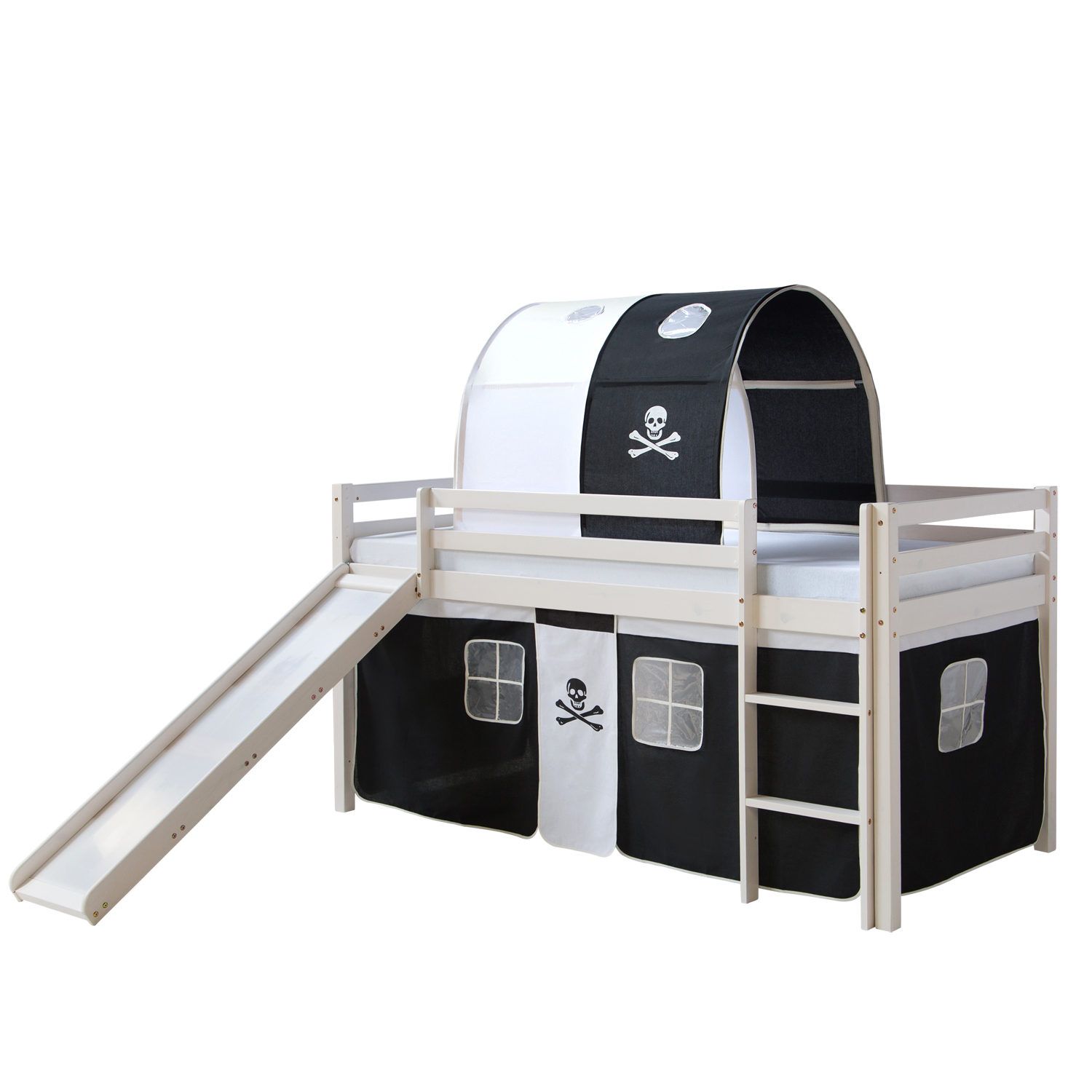 Loftbed with Mattress 90x200 cm Slide Bunk bed Childrens bed Solid Pine Wood Curtain Tunnel Black Pirate Slatts