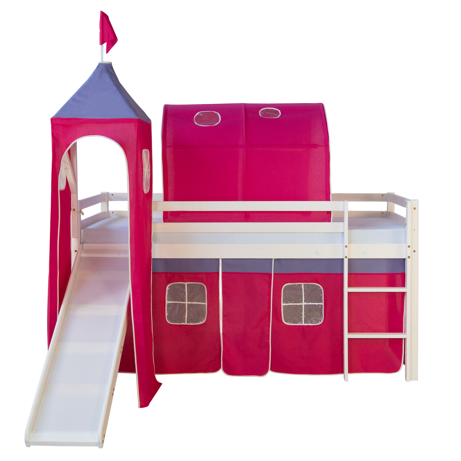 Hochbett Kinder 90x200 cm Weiß mit Vorhang in Pink | Tunnel | Turm | Rutsche | mit Lattenrost