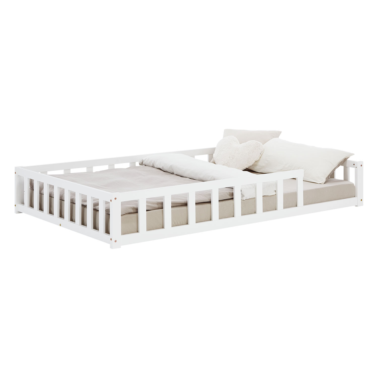 Children's Bed 120x200 White | Floor Bed with Slatted Frame | with Fall Protection | Montessori