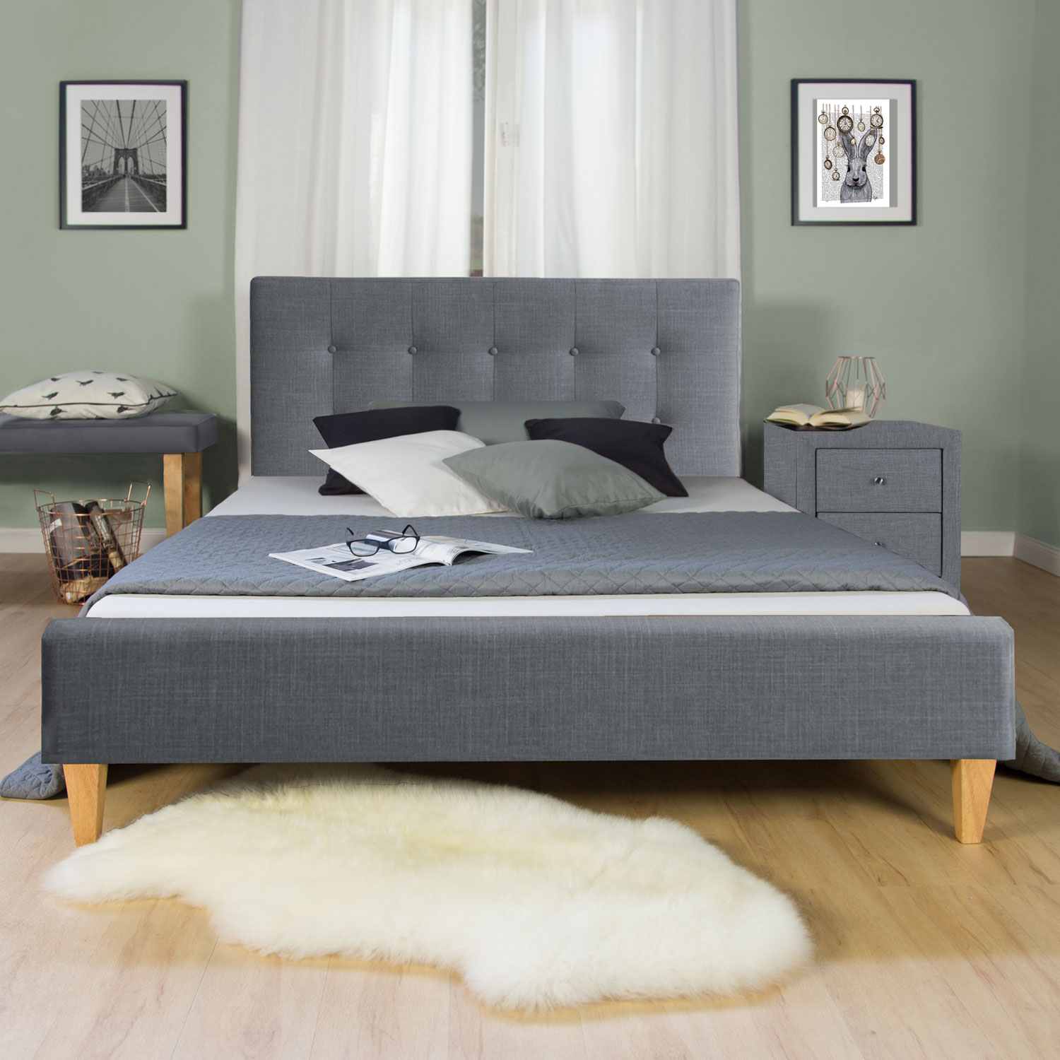 Upholstered Bed Frame Double Bed 180x200 Grey Platform Bed Fabric Headboard