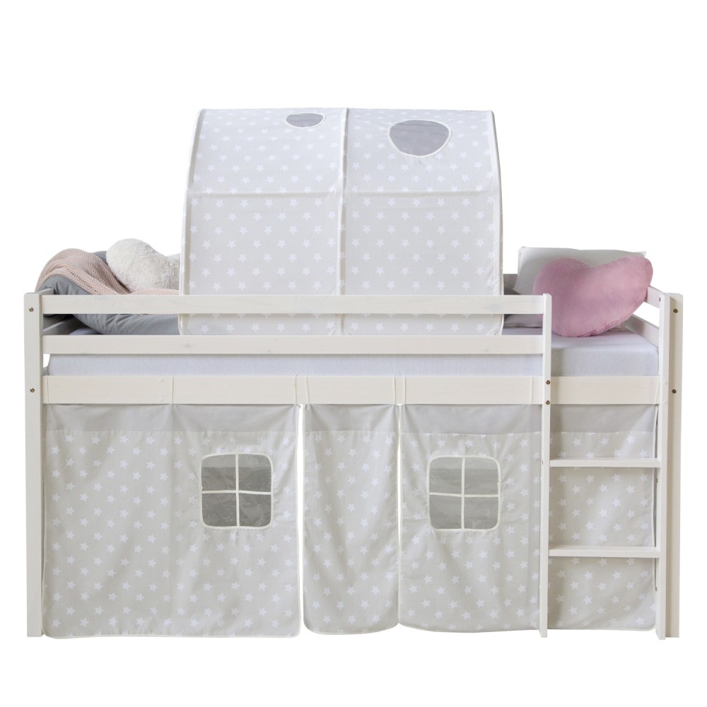 Loft Bed Kids 90x200 cm White with Curtain Stars | Tunnel | without Slatted Frame Loft Bed Kids 90x200 cm White with Curtain Stars | Tunnel | without Slatted Frame