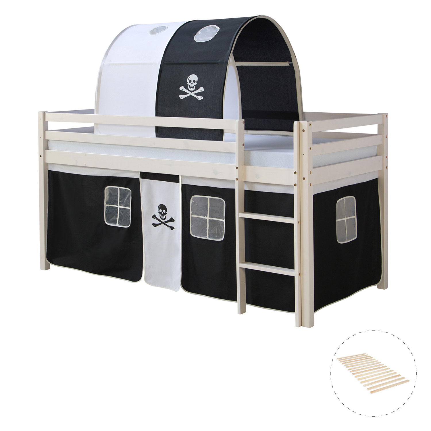 Loft Bed Kids 90x200 cm White with Curtain in Black | Tunnel | with Slatted Frame