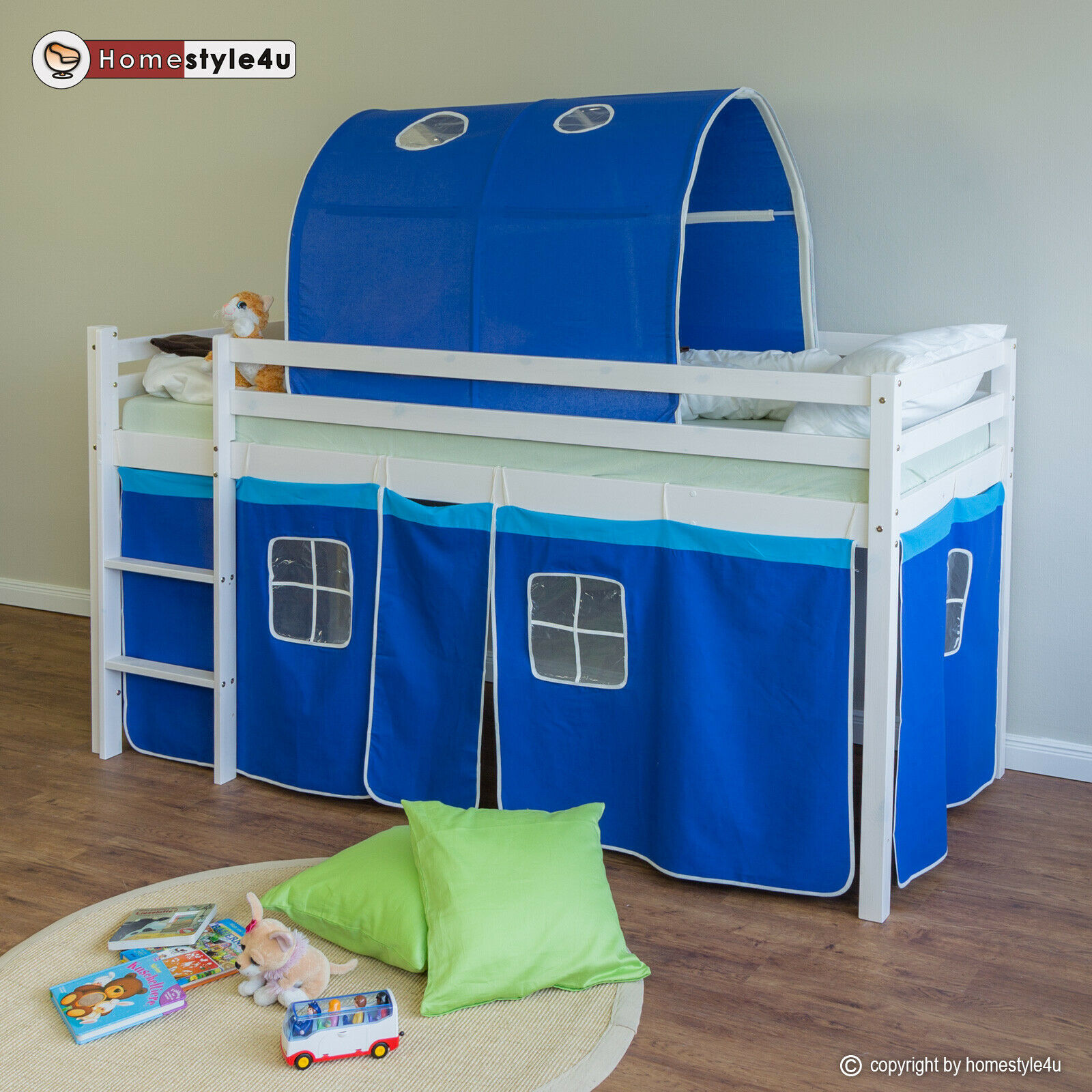 Loft Bed Kids 90x200 cm White with Curtain in Blue | Tunnel | without Slatted Frame Loft Bed Kids 90x200 cm White with Curtain in Blue | Tunnel | without Slatted Frame