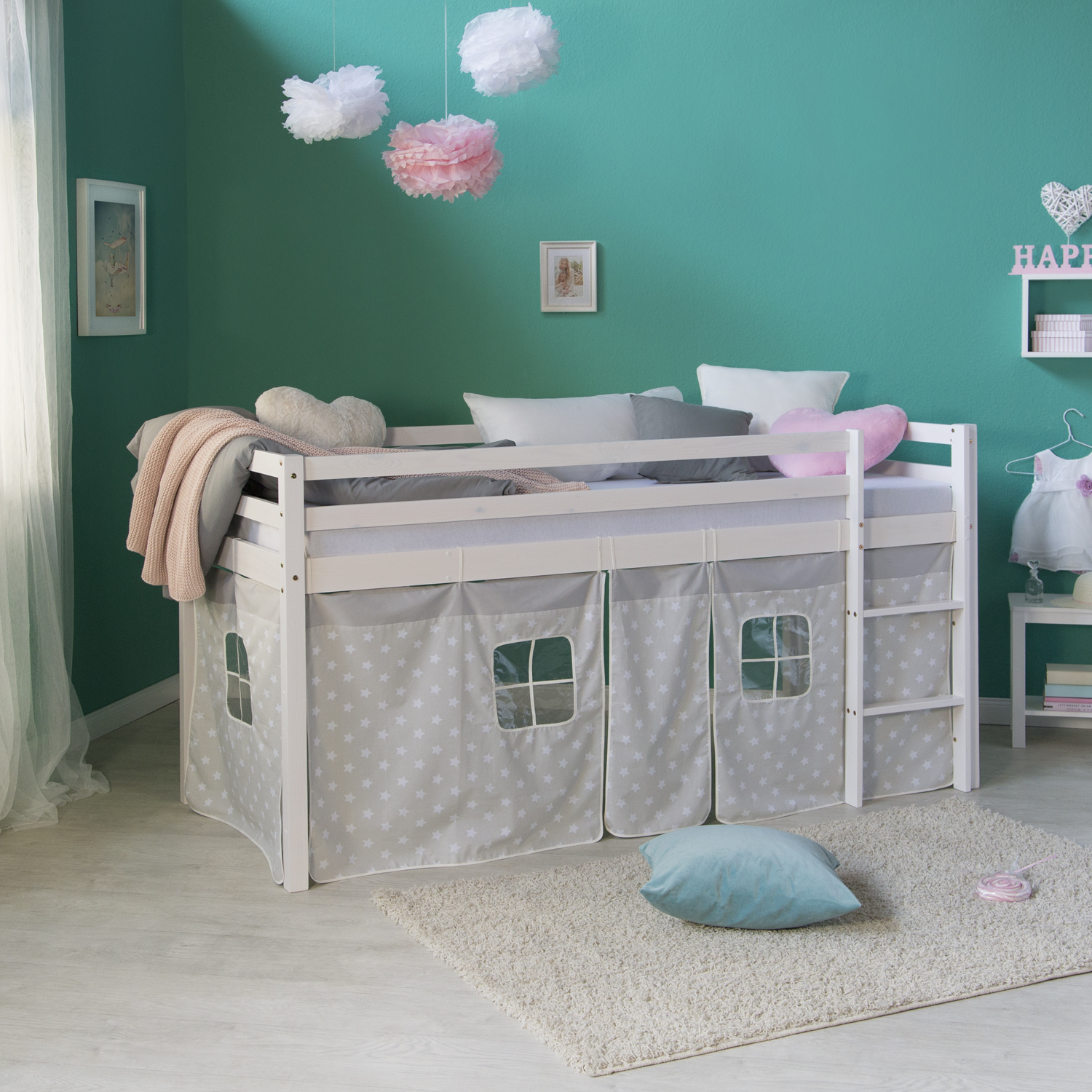 Loft Bed Kids 90x200 cm White with Curtain Stars | without Slatted Frame Loftbed 90x200 cm with Mattress Bunk bed Childrens bed Solid Pine Wood Curtain Grey Stars Slats