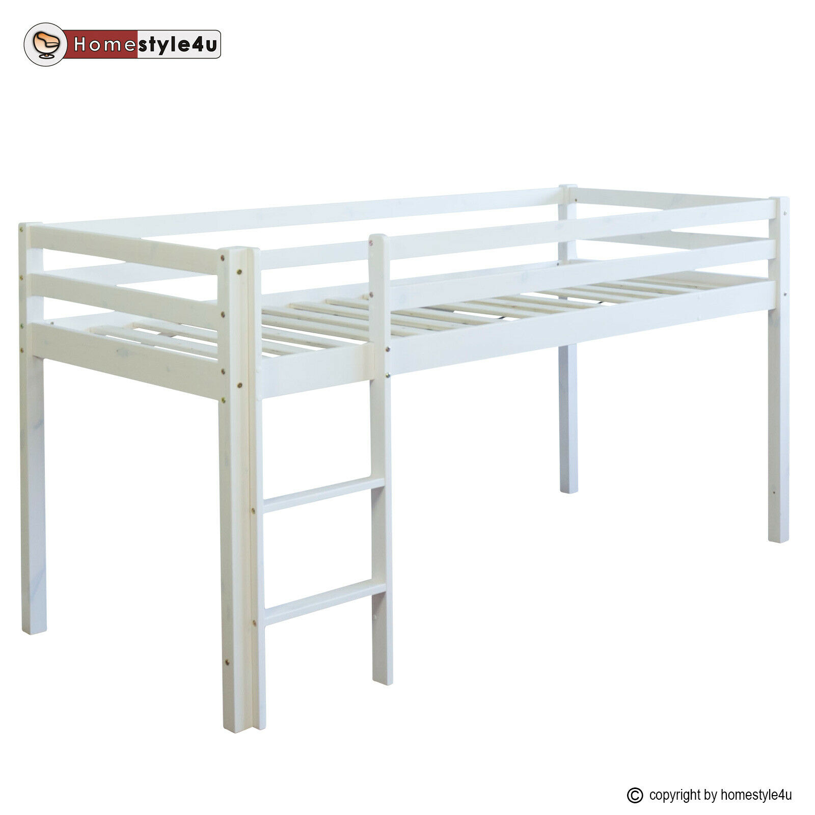 Lit Mezzanine Enfant 90x200 cm Blanc avec Rideau Rose | Tunnel | sans Sommier