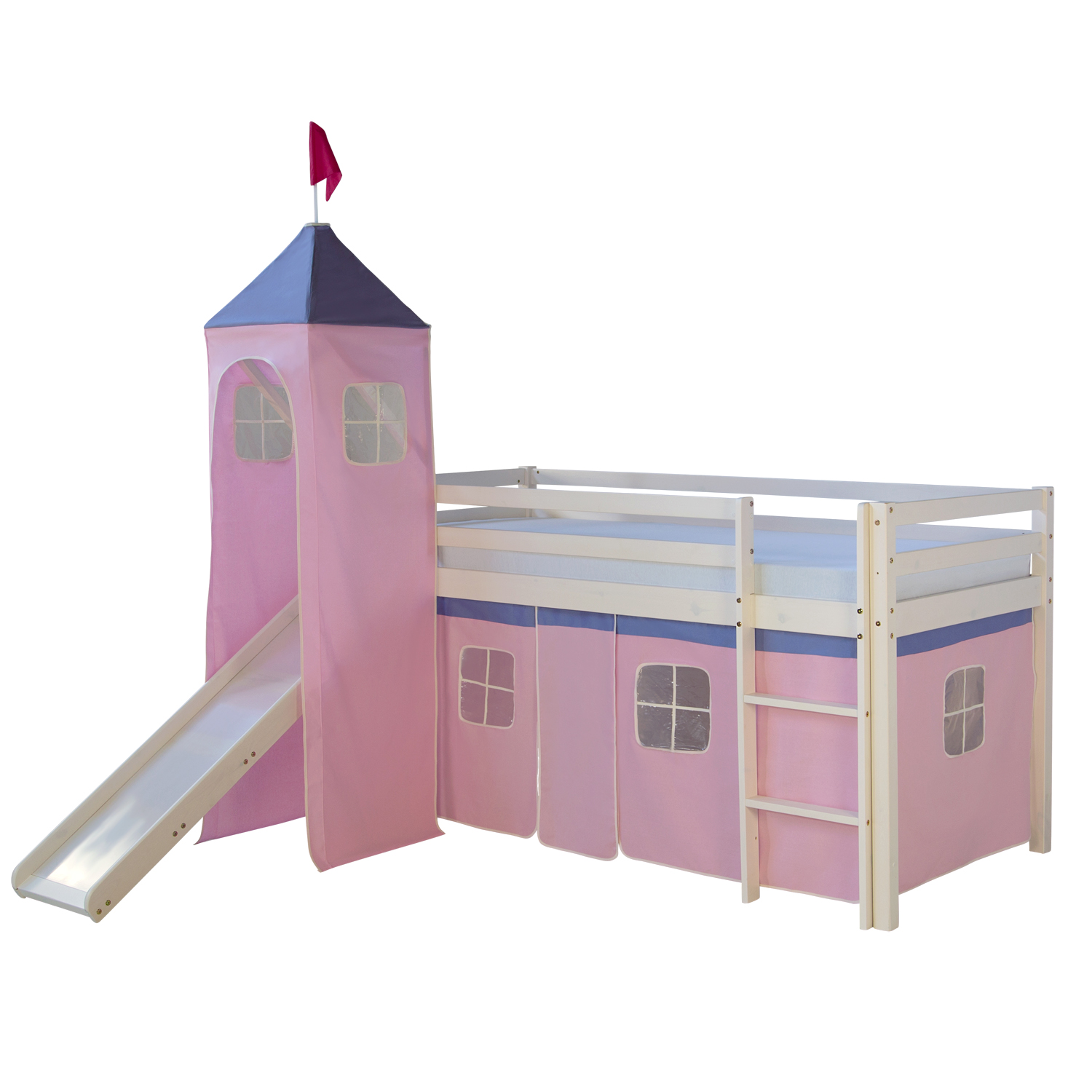 Loftbed 90x200 cm Bunk bed Childrens bed Solid Pine Wood Tower Tunnel Curtain Pink Slide Mattress Slats Loft Bed Kids 90x200 cm White with Curtain in Pink | Tower | Slide | with Slatted Frame
