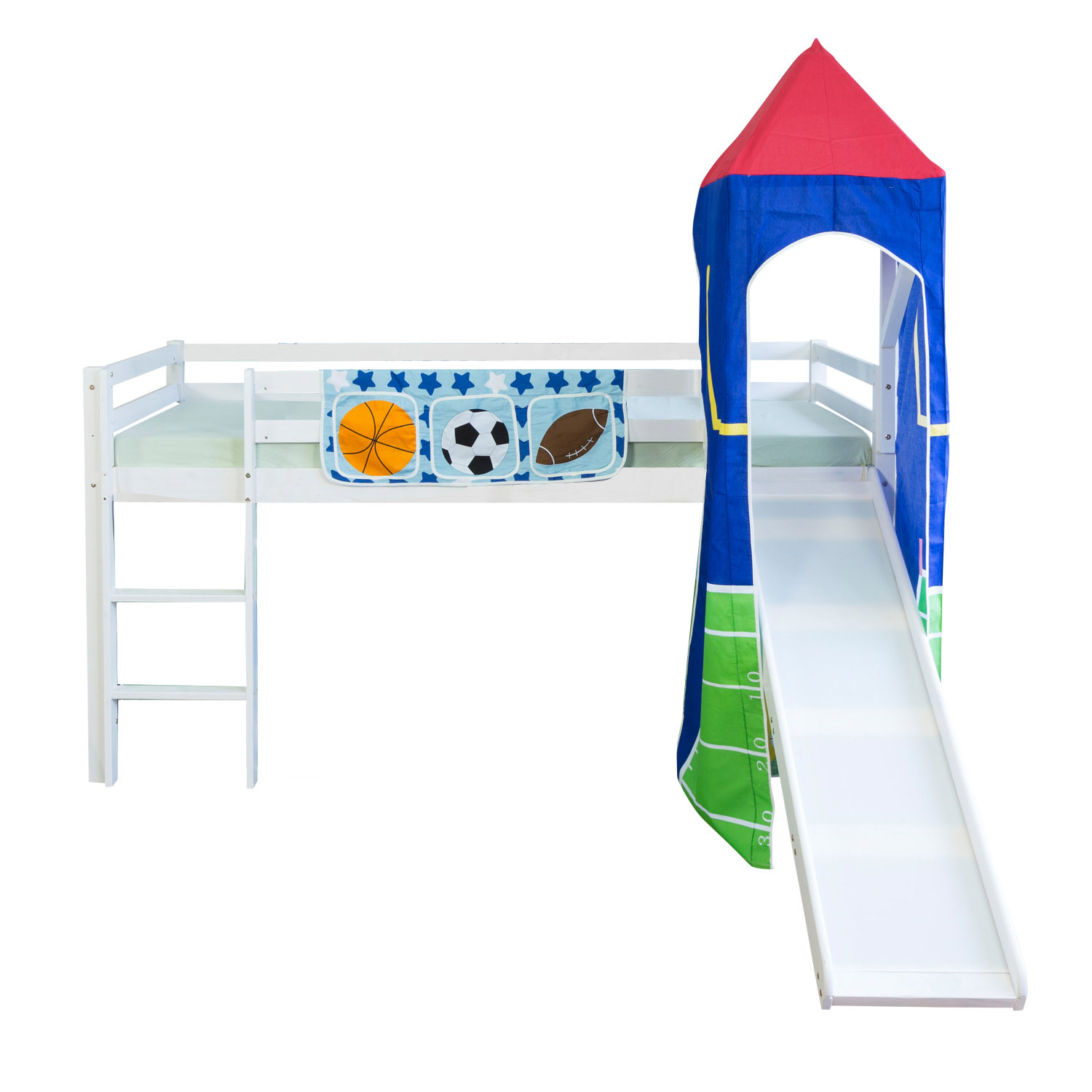 Loft Bed Kids 90x200 cm White with Curtain Blue Balls | Tower | Slide | without Slatted Frame