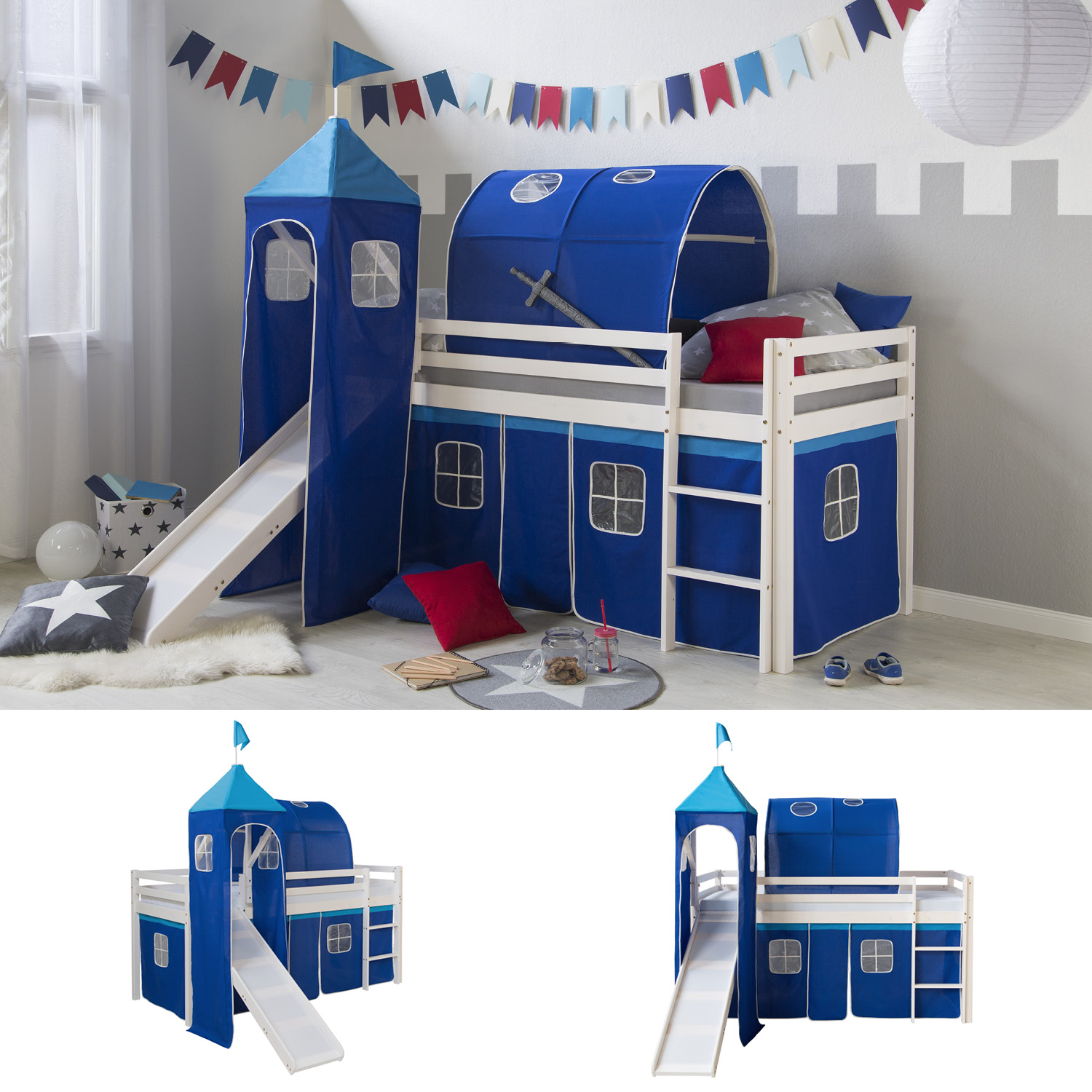 Loft Bed Kids 90x200 cm White with Curtain Blue | Tunnel | Tower | Slide | without Slatted Frame Loft Bed Kids 90x200 cm White with Curtain Blue | Tunnel | Tower | Slide | without Slatted Frame