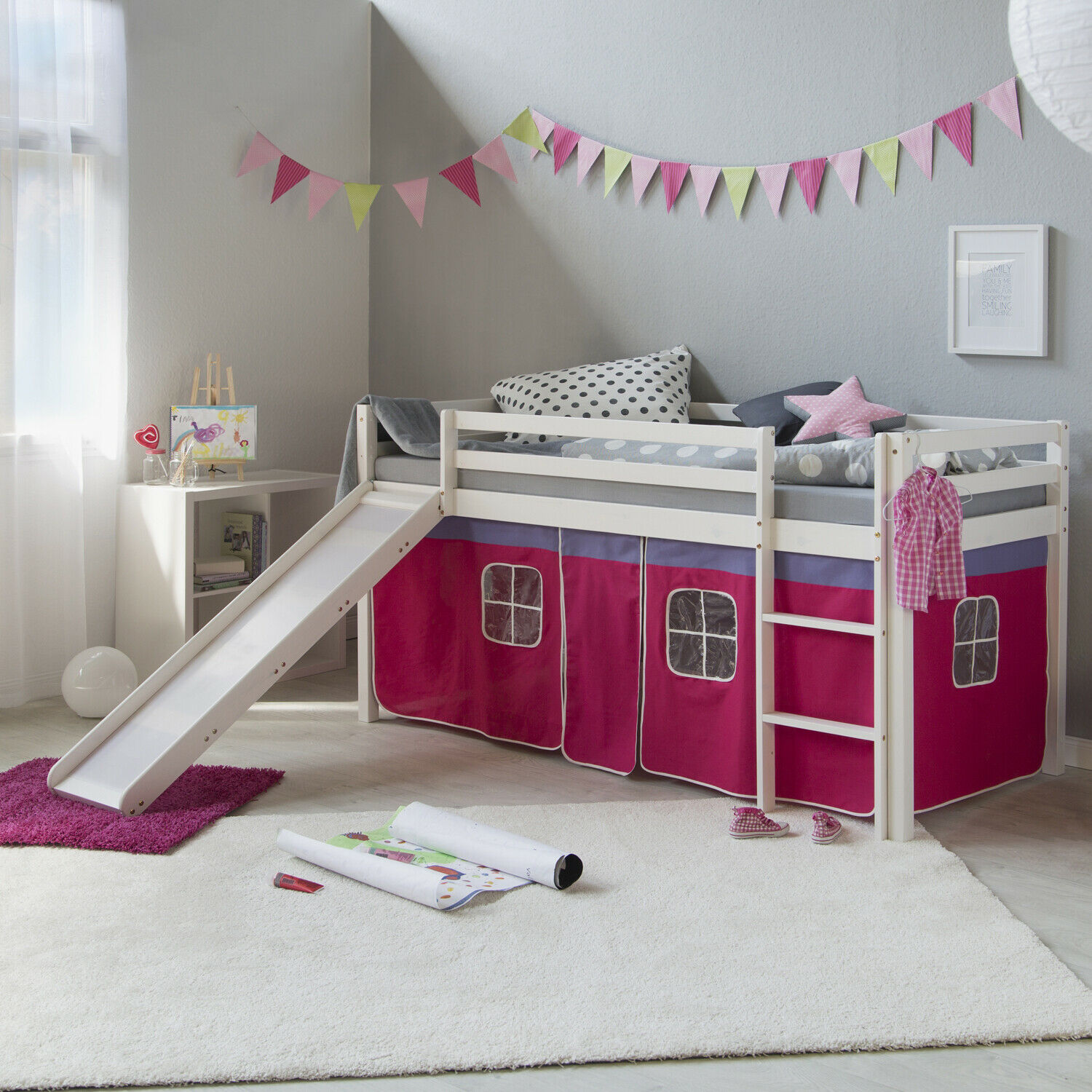 Loft Bed Kids 90x200 cm White with Curtain in Pink | Slide | without Slatted Frame Loft Bed Kids 90x200 cm White with Curtain in Pink | Slide | without Slatted Frame