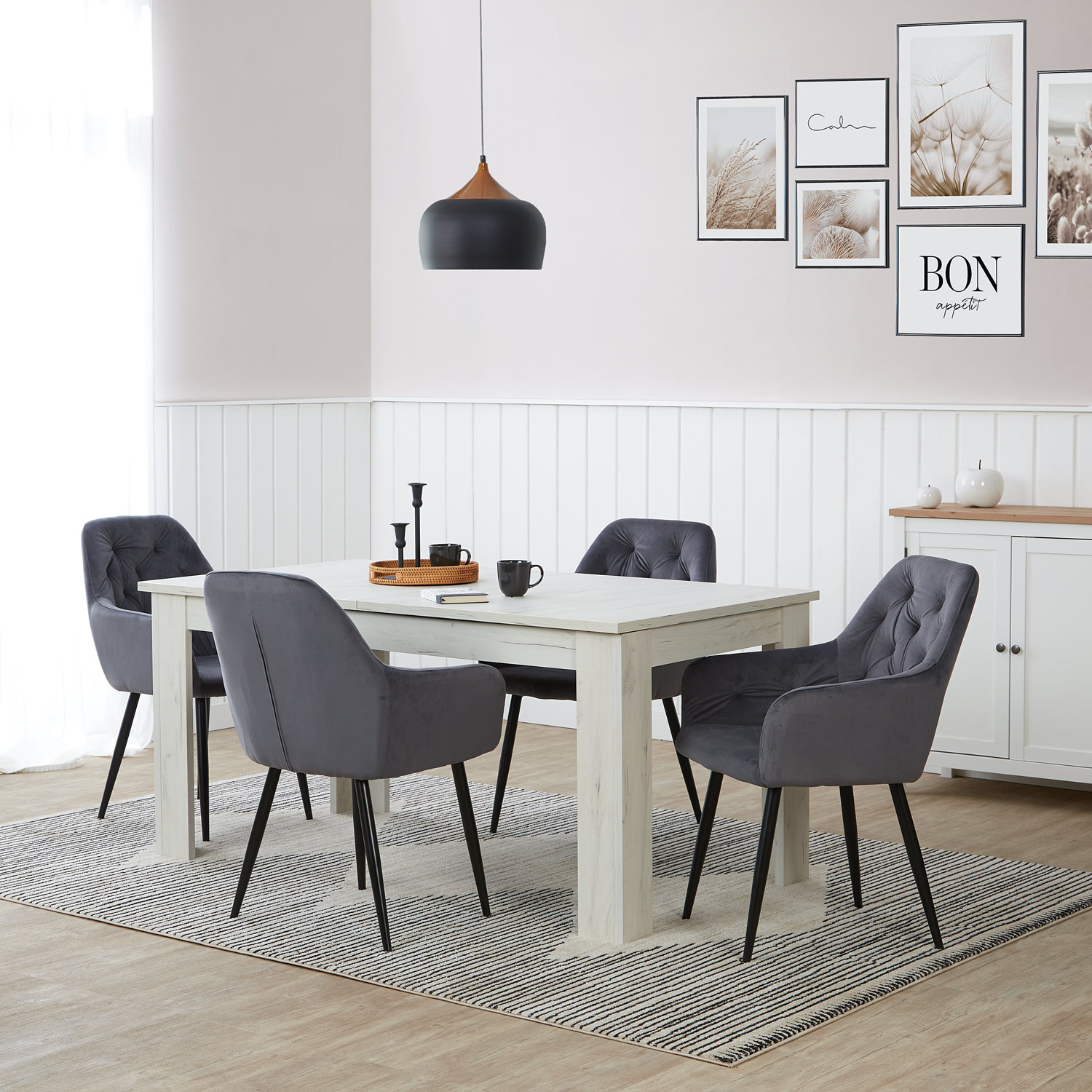 Upholstered Chair Velvet Grey | Set of 6 | with Armrests | Kitchen Dining Room Office