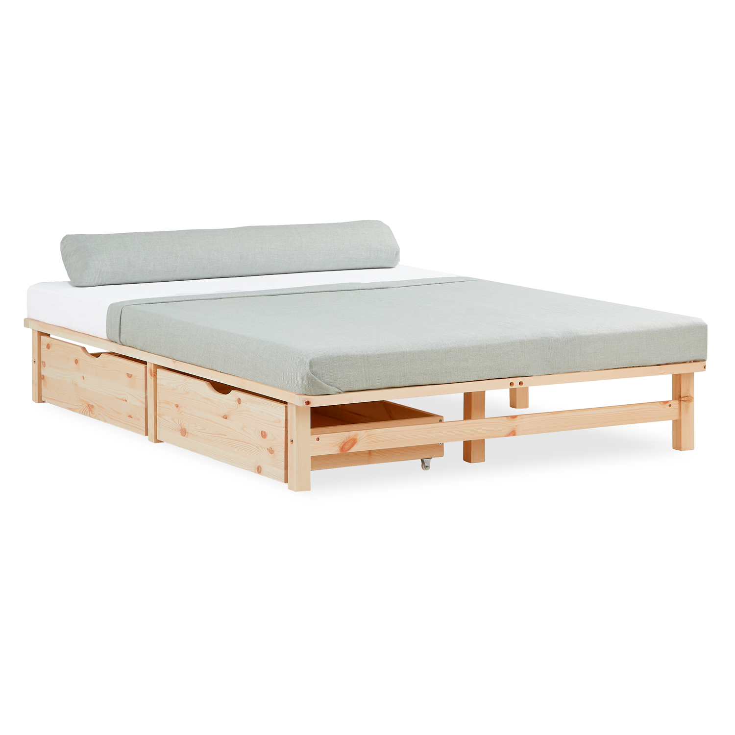 Pallet Bed 140x200 cm Natural | Double Bed with Storage Drawers | with Slatted Frame | Wood | Kids Youth Guest Bedroom