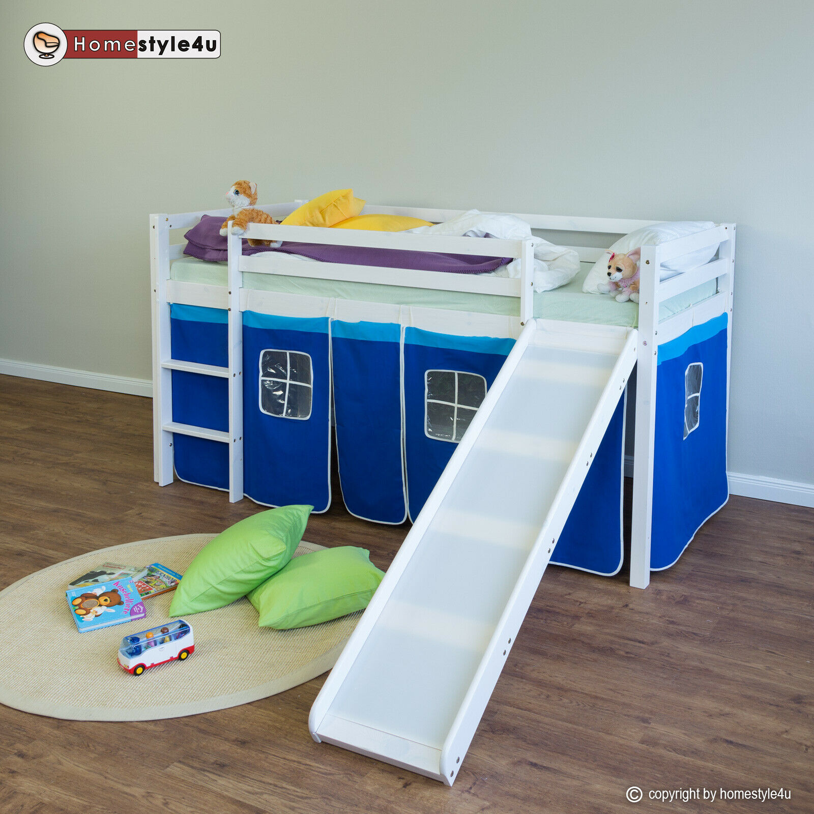 Loft Bed Kids 90x200 cm White with Curtain in Blue | Slide | without Slatted Frame Loft Bed Kids 90x200 cm White with Curtain in Blue | Slide | without Slatted Frame