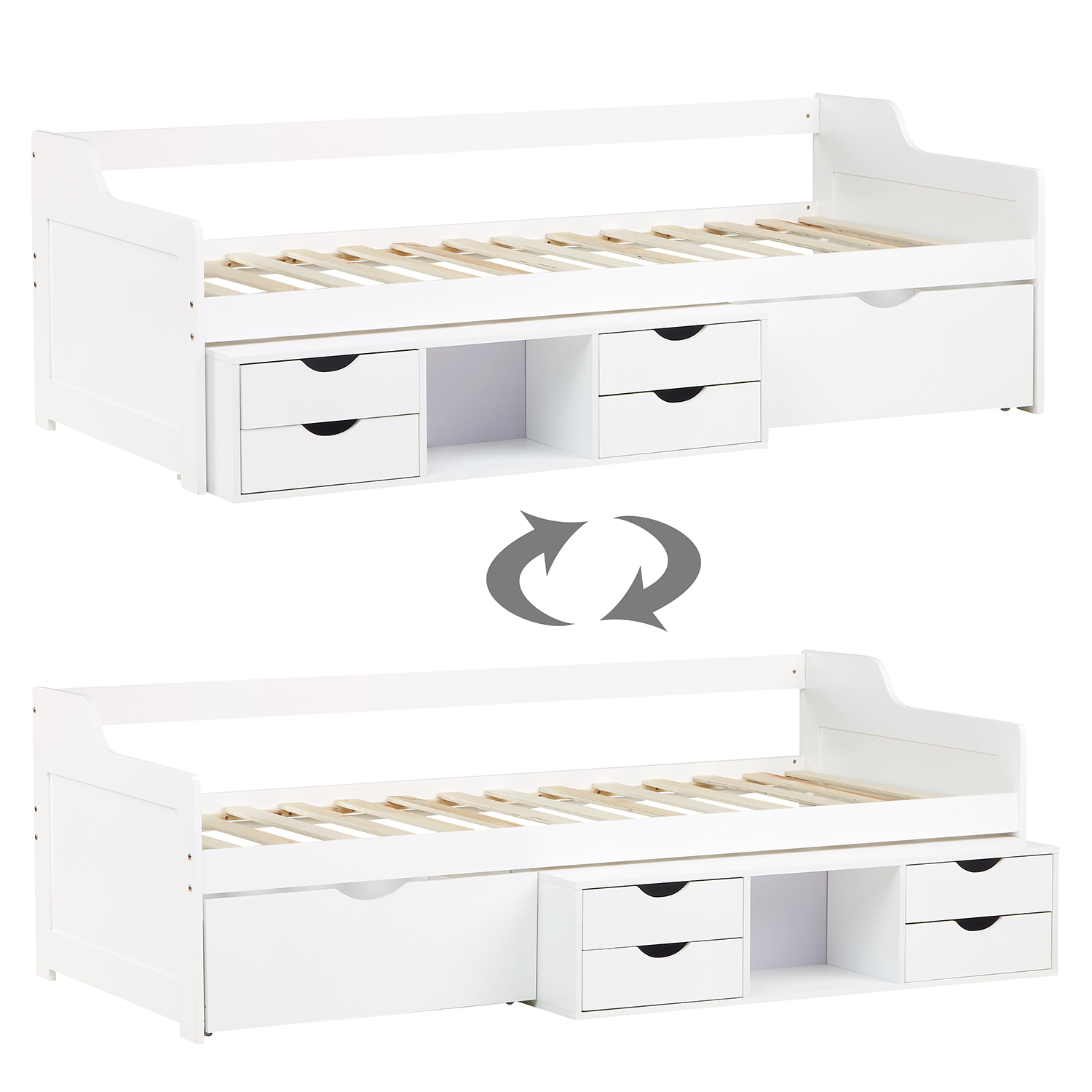 Wood Bed 90x200 cm White | with Storage | Cabin Bed with Bed Drawer | with Slatted Frame | Kids Youth Guest Bedroom