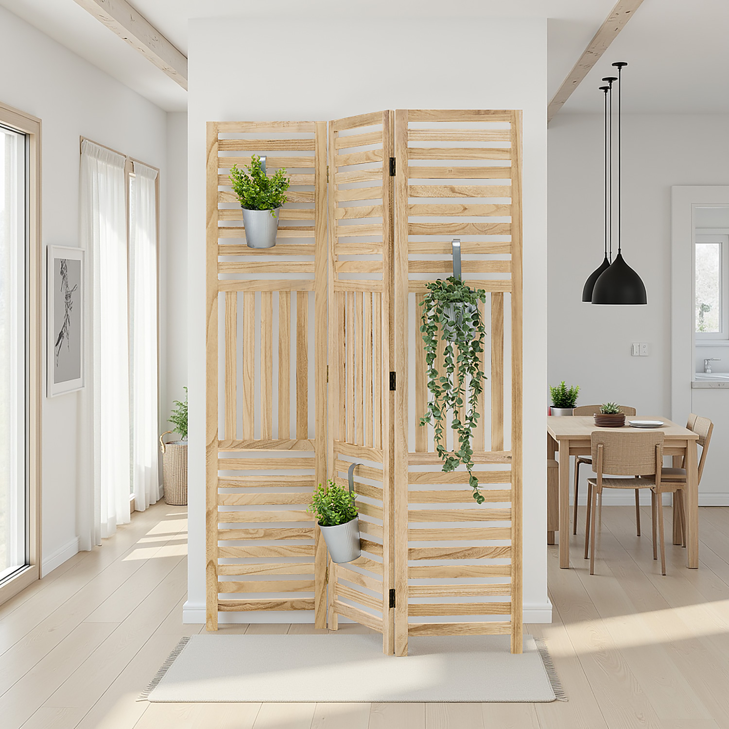 Paravent Natural Wooden Slats | 3-panel | Wood | Room Divider Partition Privacy Screen