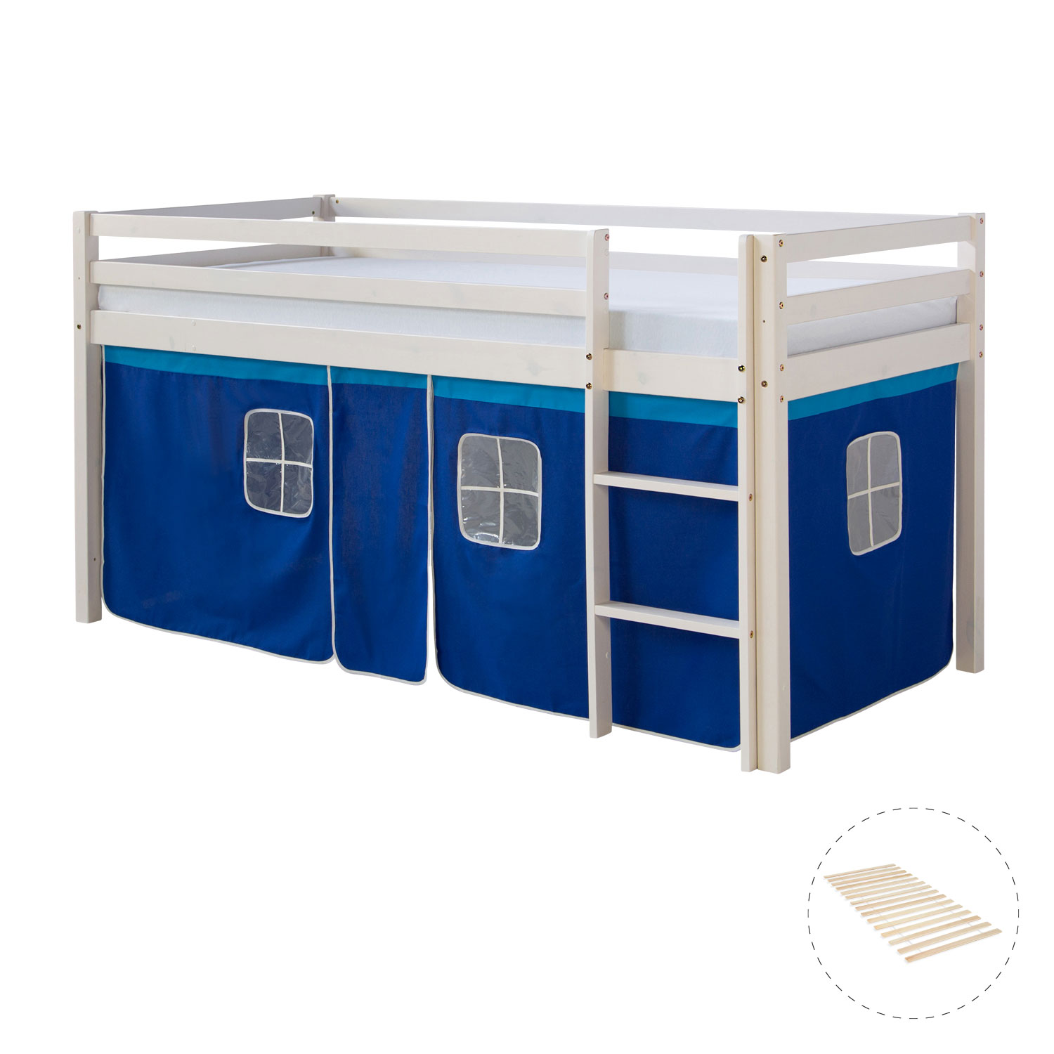 Loft Bed Kids 90x200 cm White with Curtain in Blue | with Slatted Frame Loft Bed Kids 90x200 cm White with Curtain in Blue | with Slatted Frame