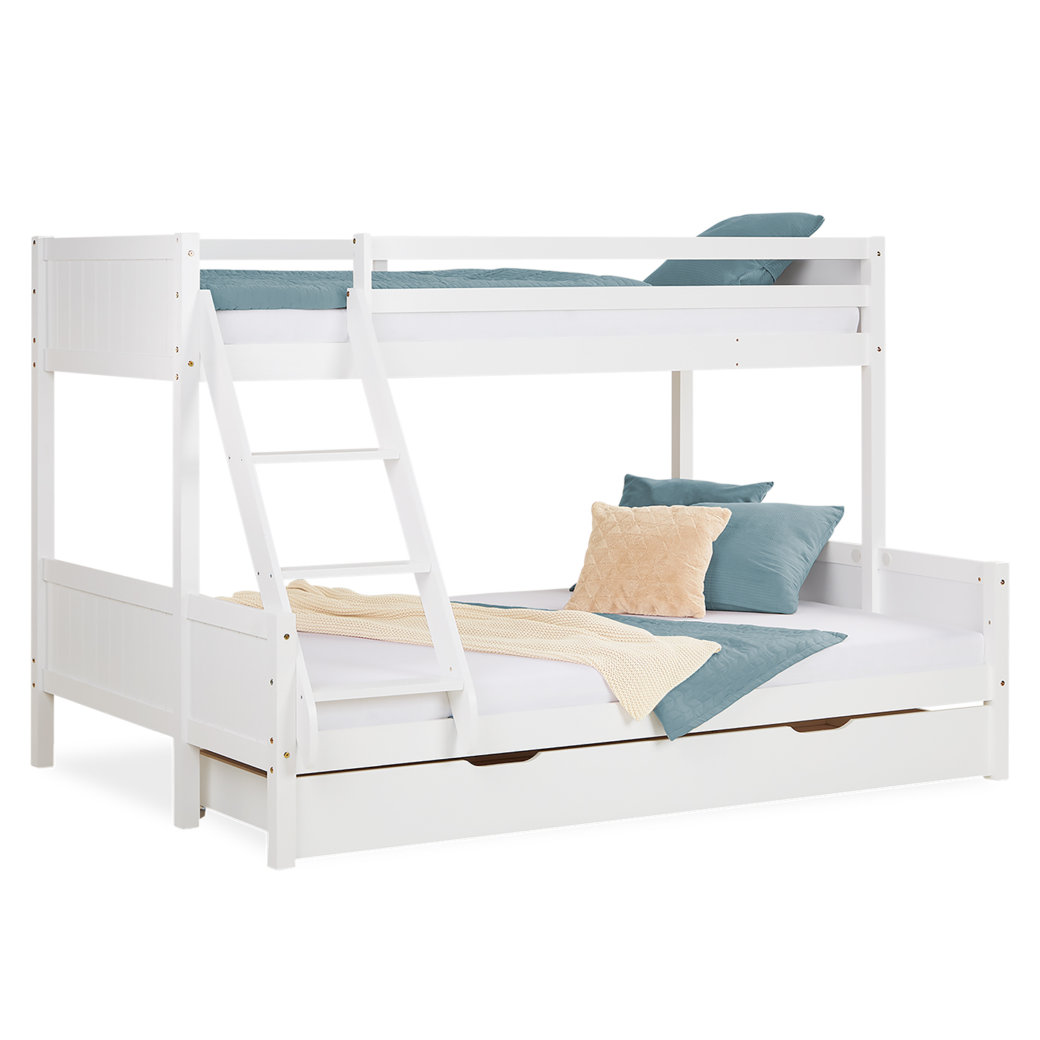 Bunk Bed 2 Sleeping Areas 90x200 cm and 140x200 cm White | with Bed Drawer | with Slatted Frame Bunk Bed Kids Bed 90x200 and 140x200 cm White Grey 2 Mattresses Wood Cabin Bed High Sleeper Bed Loft Bed Childrens Bed Twin Bed Drawer