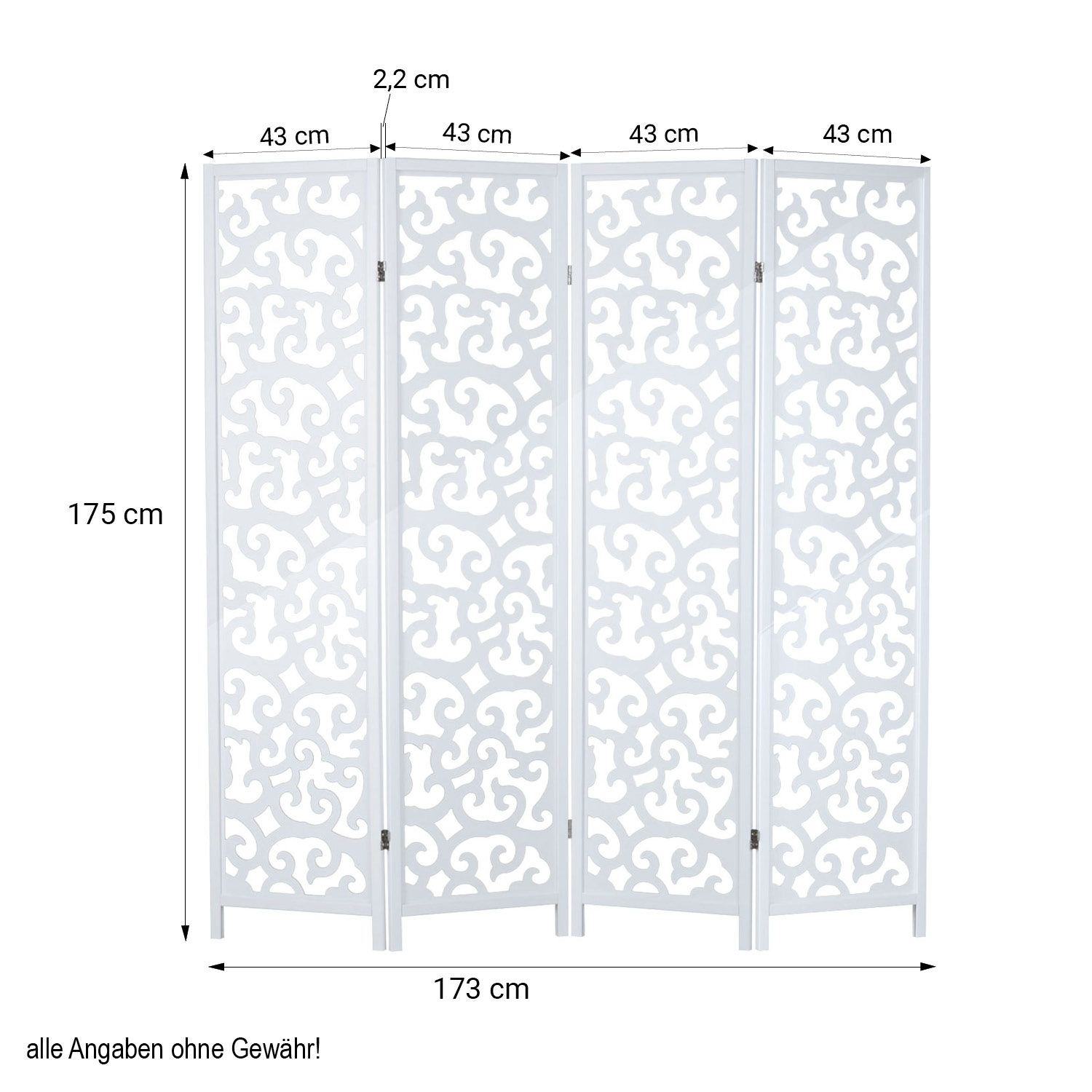 Paravent White with decoration | 4-panel | Wood | Room Divider Partition Privacy Screen