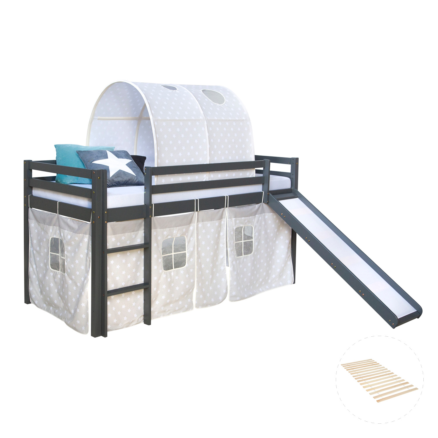 Loft Bed Kids 90x200 cm Gray with Curtain Stars | Tunnel | Slide | with Slatted Frame